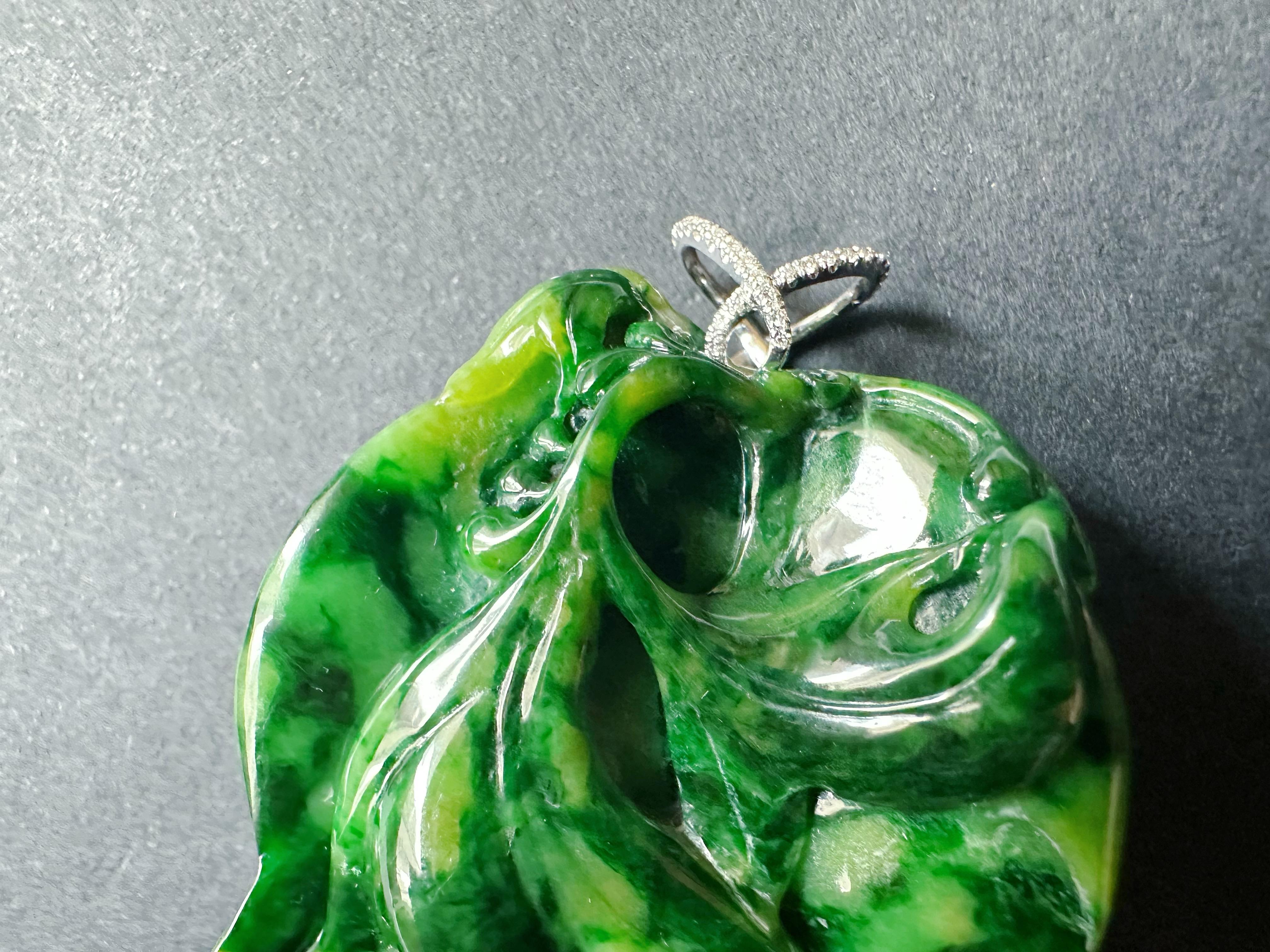 Natural Myanmar Imperial Green Lotus Leaf Jade Pendant with Diamond Bail For Sale 5