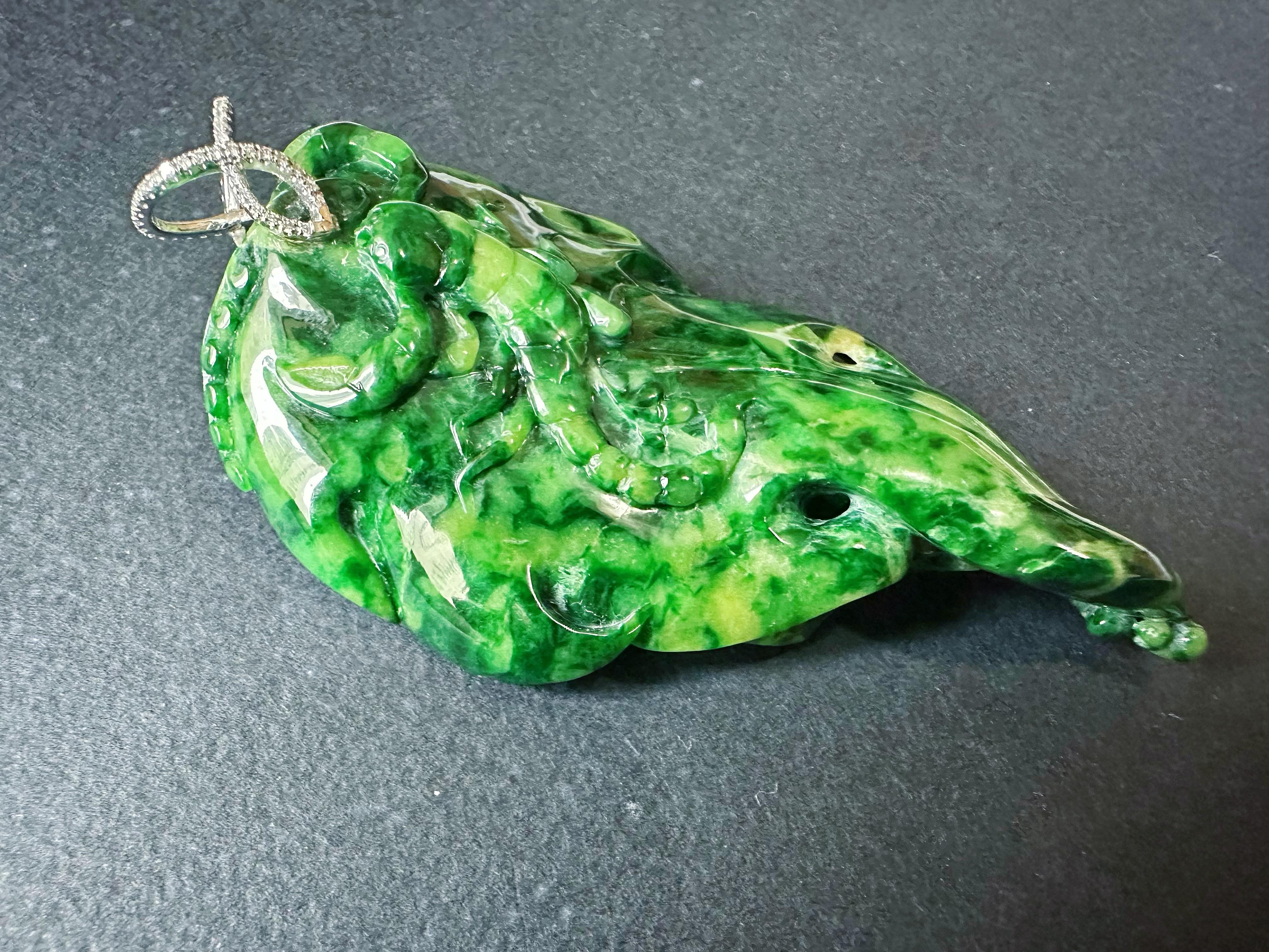 Natural Myanmar Imperial Green Lotus Leaf Jade Pendant with Diamond Bail For Sale 6