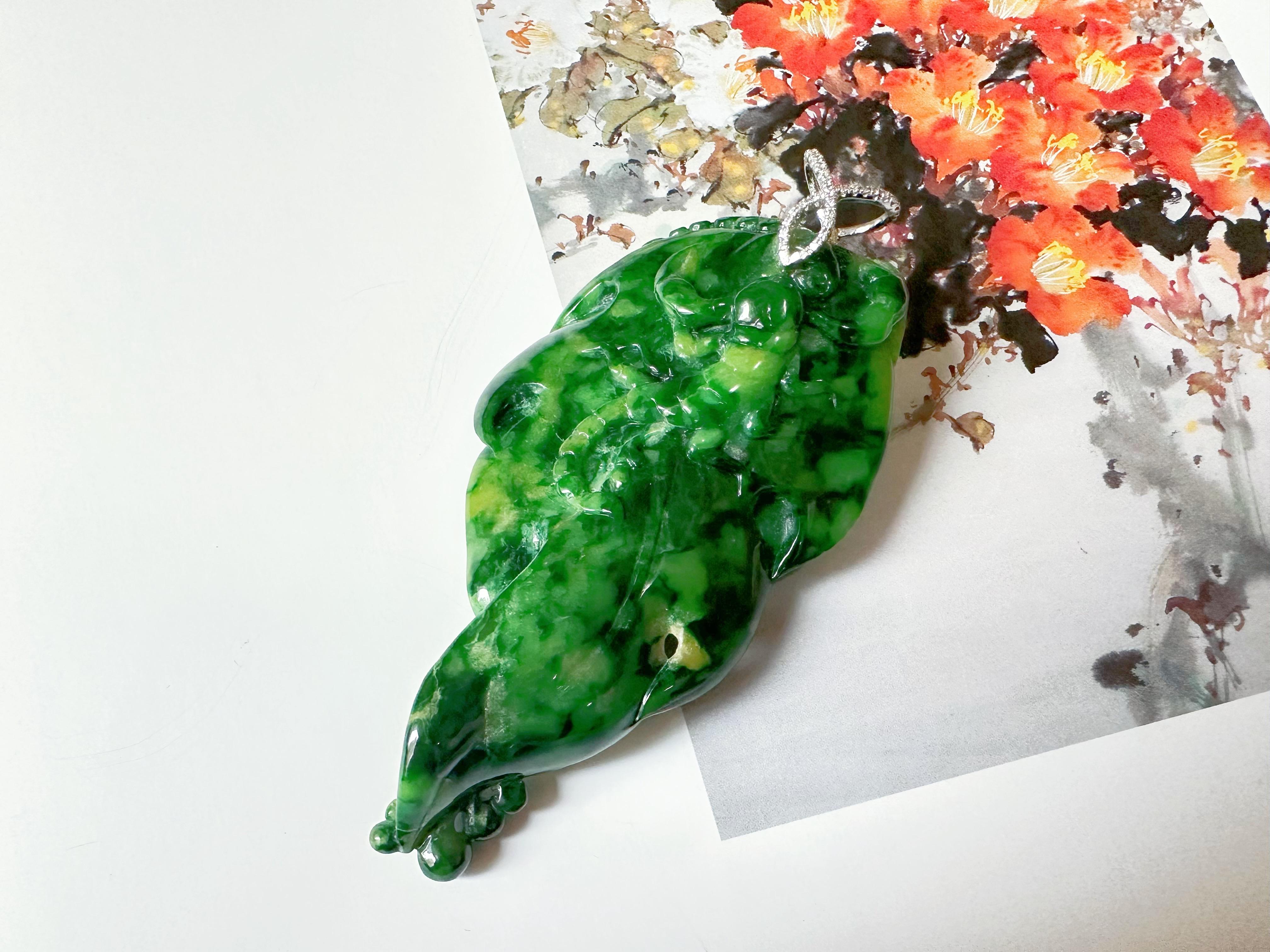 Natural Myanmar Imperial Green Lotus Leaf Jade Pendant with Diamond Bail For Sale 7