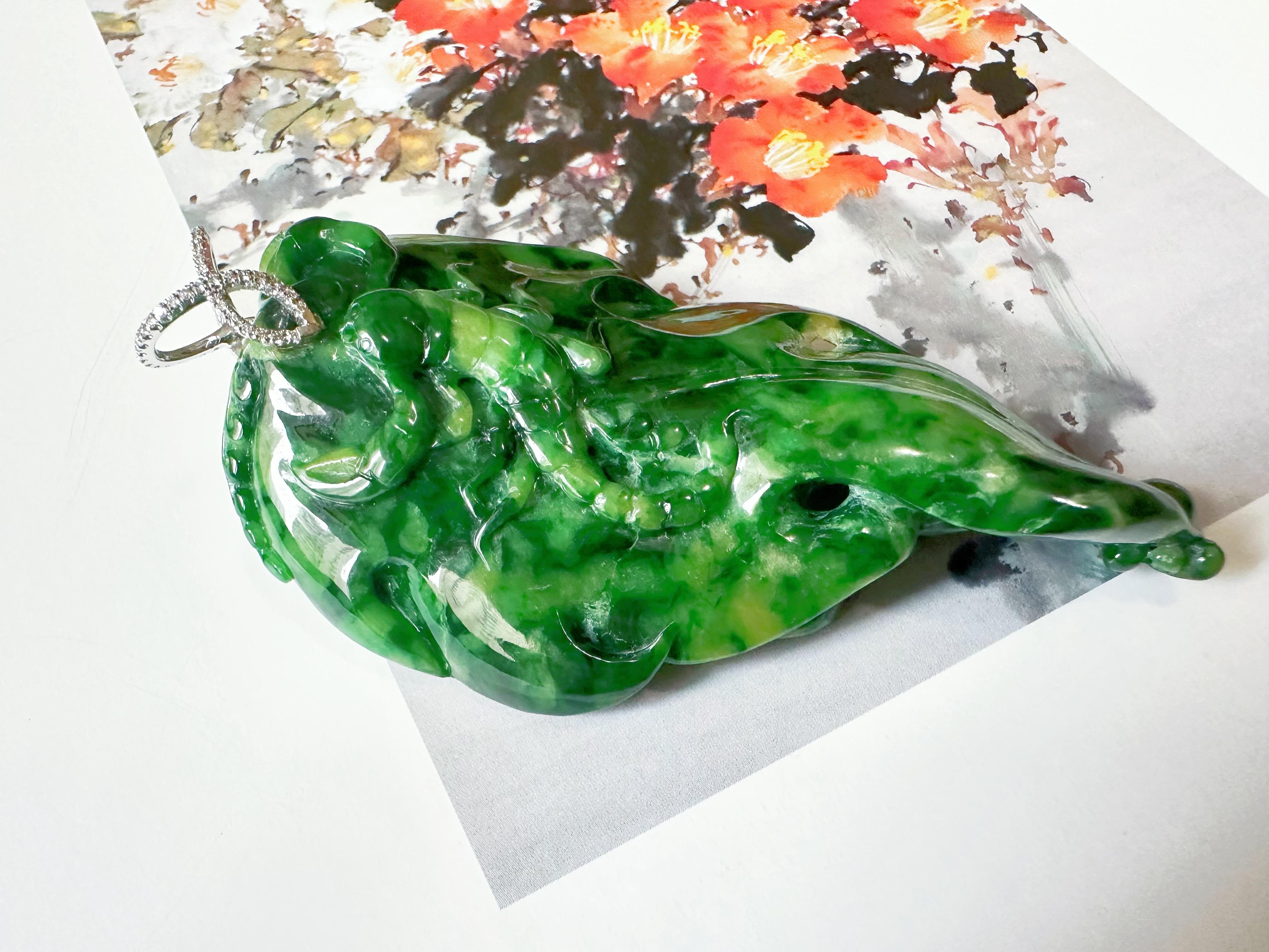 Natural Myanmar Imperial Green Lotus Leaf Jade Pendant with Diamond Bail For Sale 10