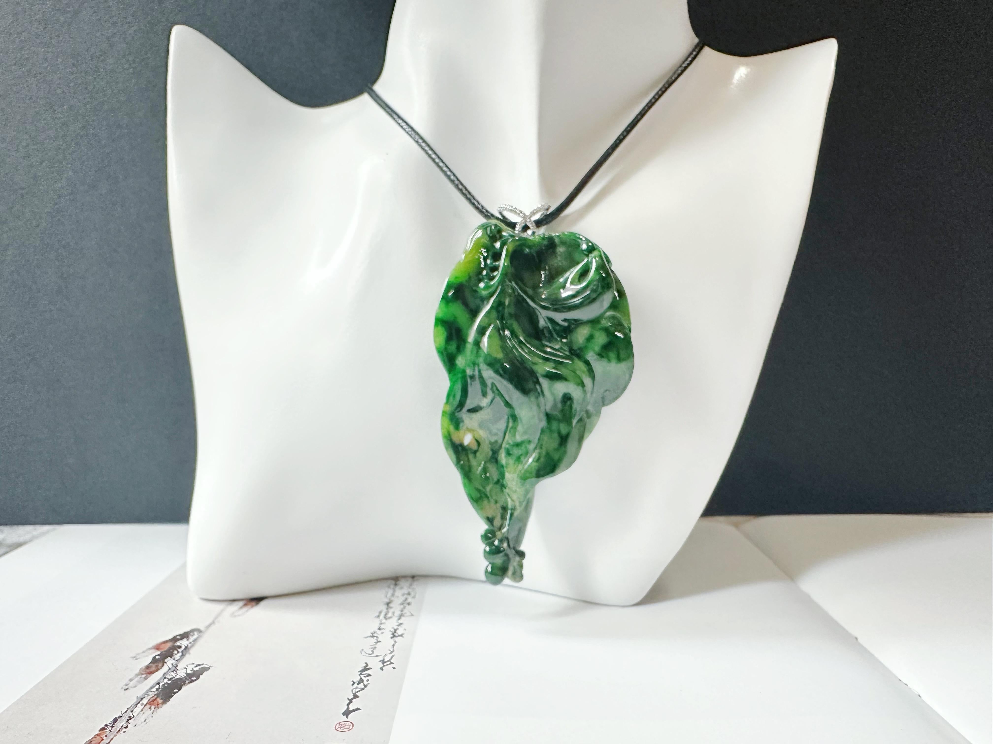 Natural Myanmar Imperial Green Lotus Leaf Jade Pendant with Diamond Bail For Sale 12