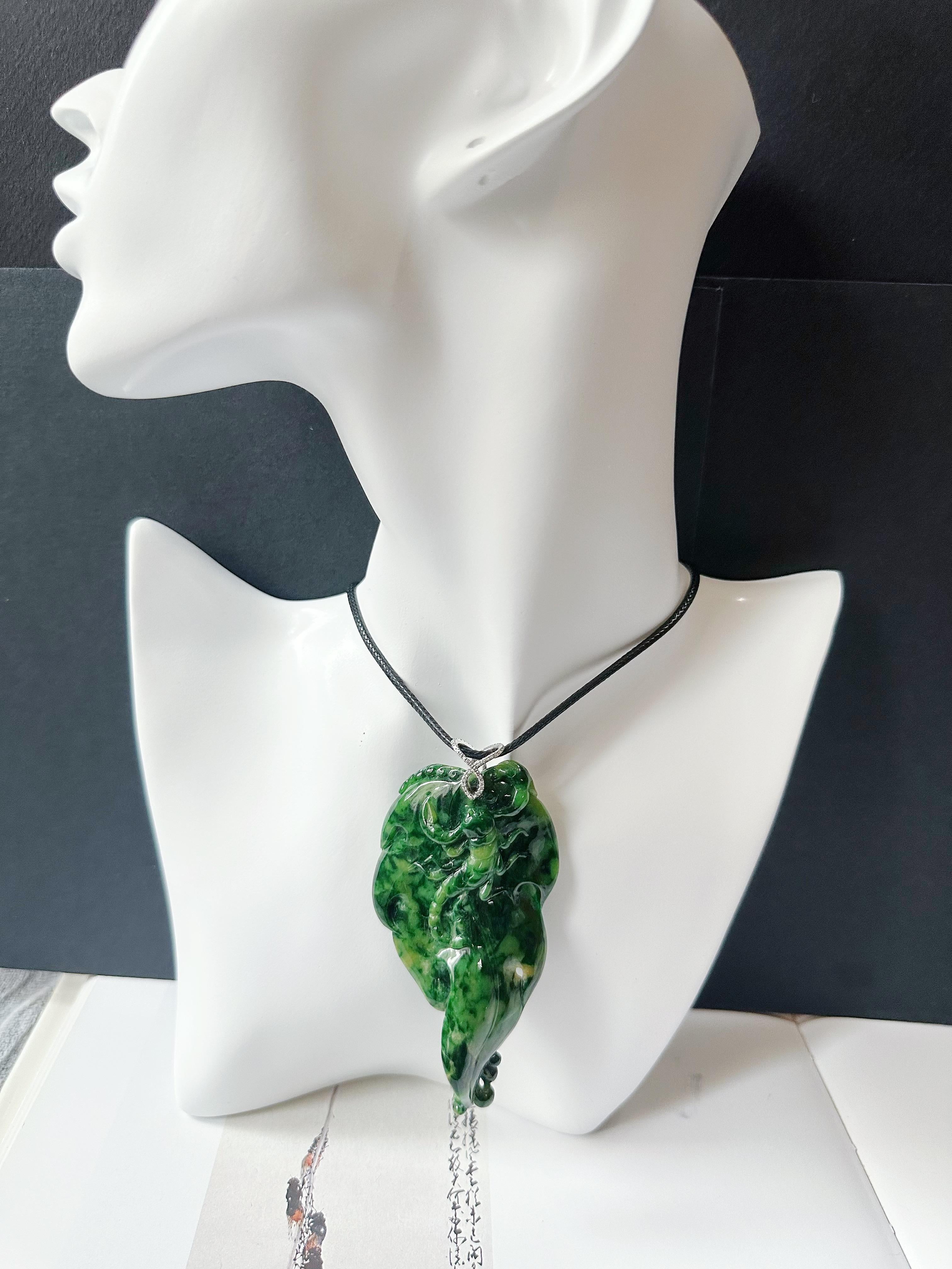 Natural Myanmar Imperial Green Lotus Leaf Jade Pendant with Diamond Bail For Sale 13