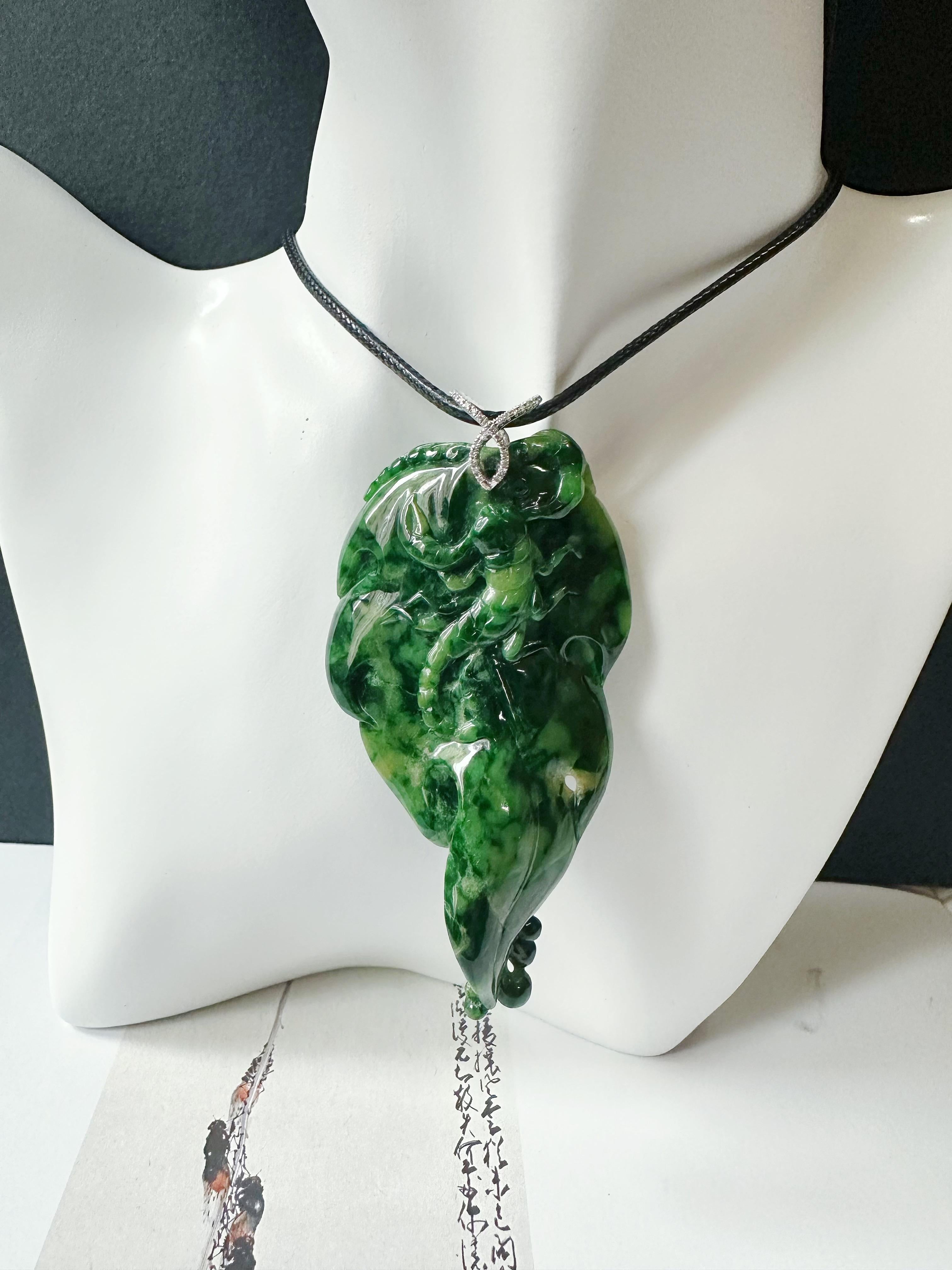 Natural Myanmar Imperial Green Lotus Leaf Jade Pendant with Diamond Bail For Sale 14