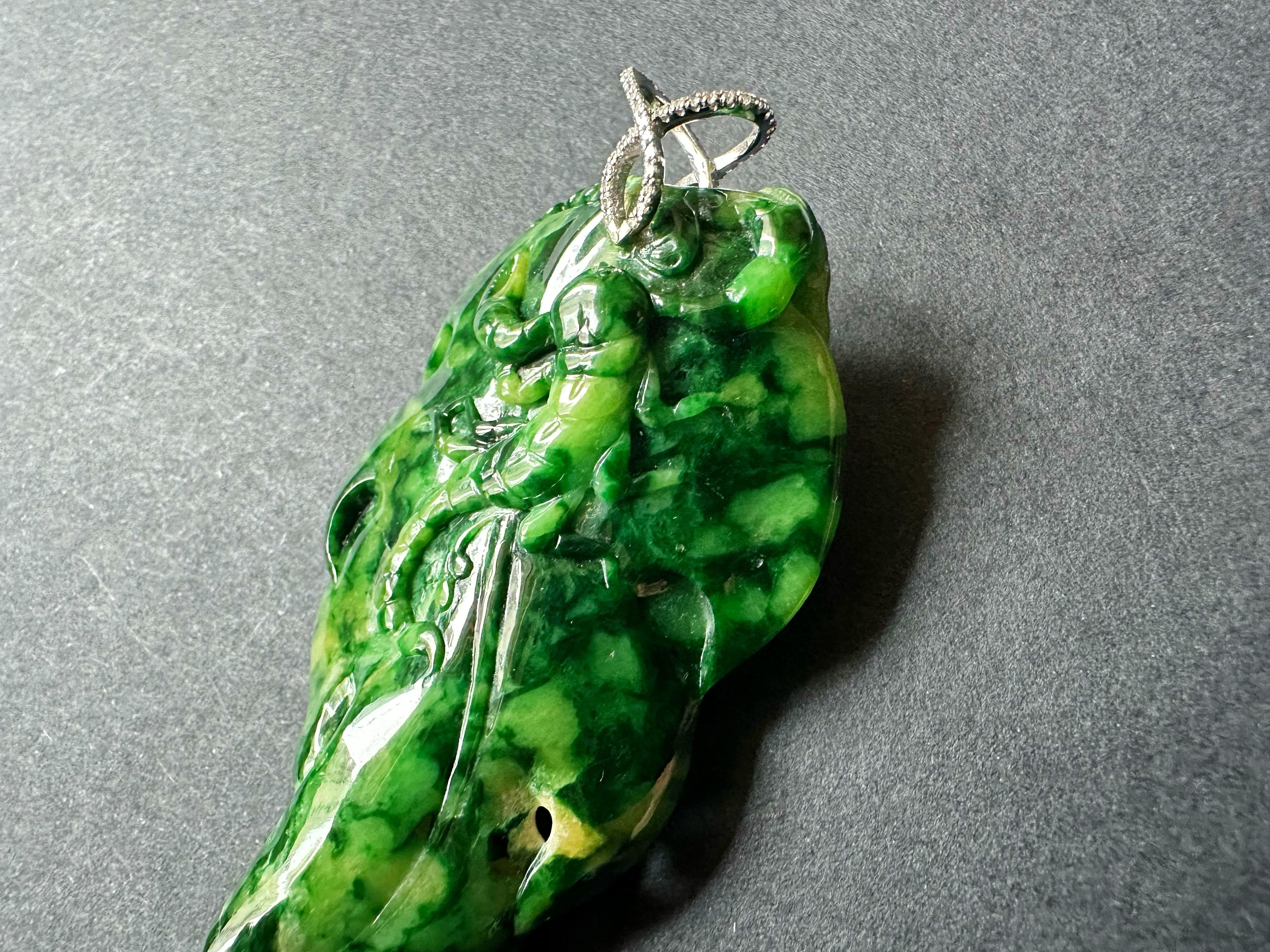 Artisan Natural Myanmar Imperial Green Lotus Leaf Jade Pendant with Diamond Bail For Sale