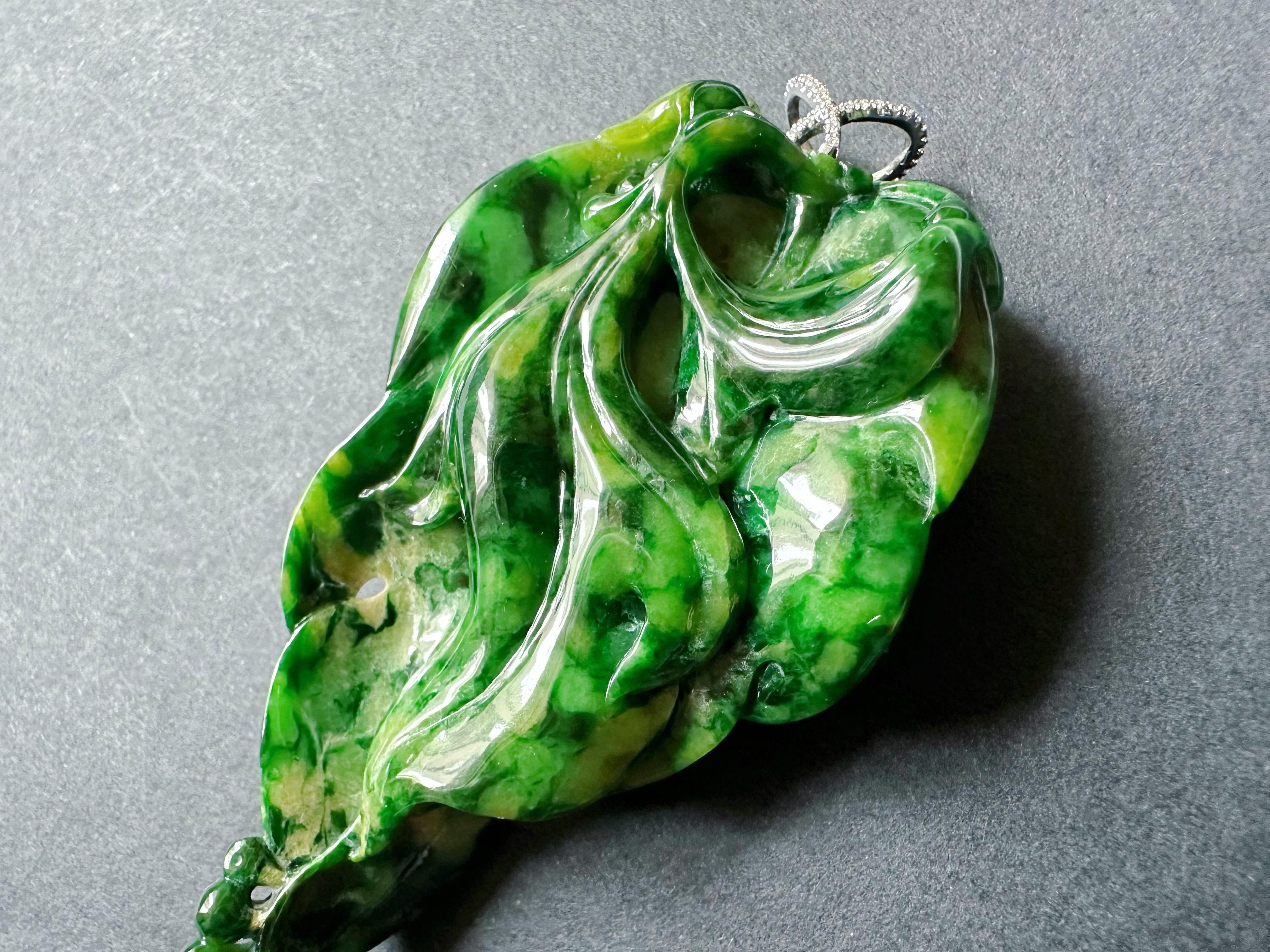 Mixed Cut Natural Myanmar Imperial Green Lotus Leaf Jade Pendant with Diamond Bail For Sale