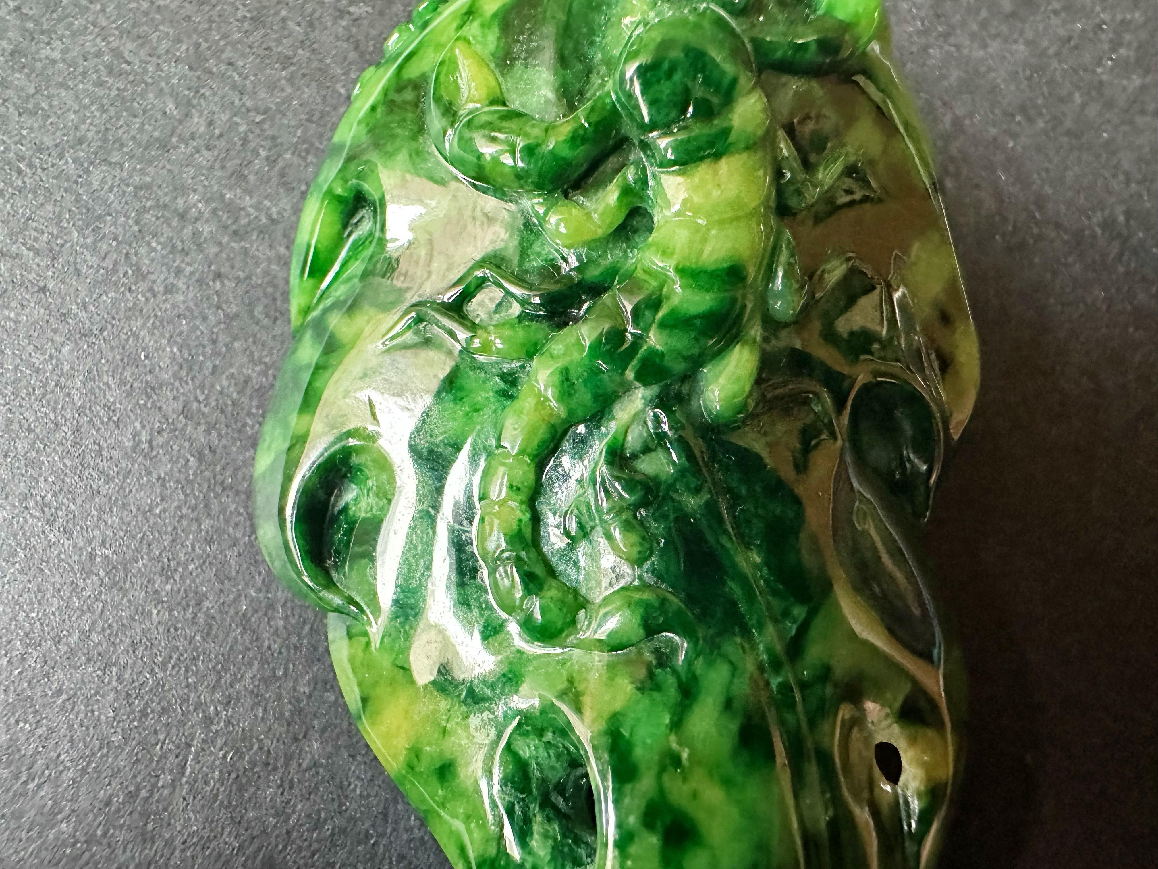 Women's or Men's Natural Myanmar Imperial Green Lotus Leaf Jade Pendant with Diamond Bail For Sale