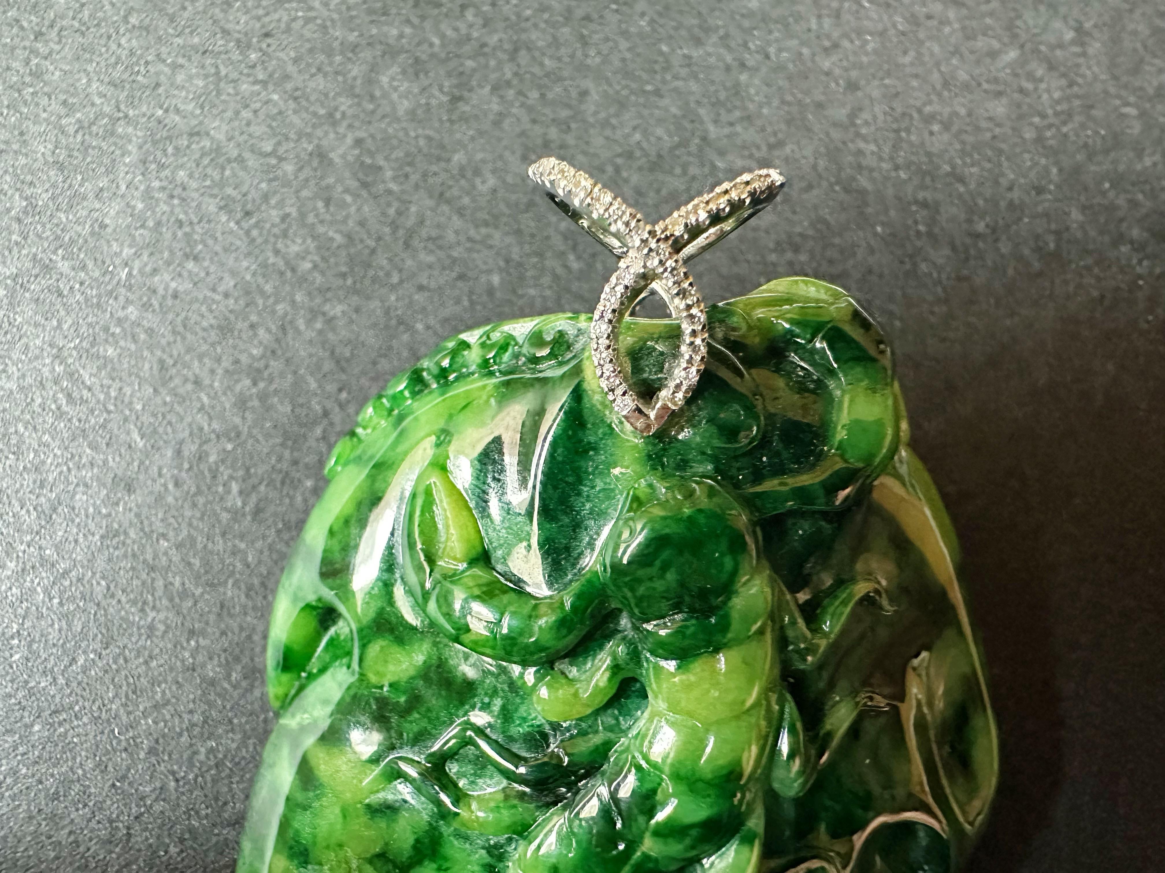 Natural Myanmar Imperial Green Lotus Leaf Jade Pendant with Diamond Bail For Sale 1