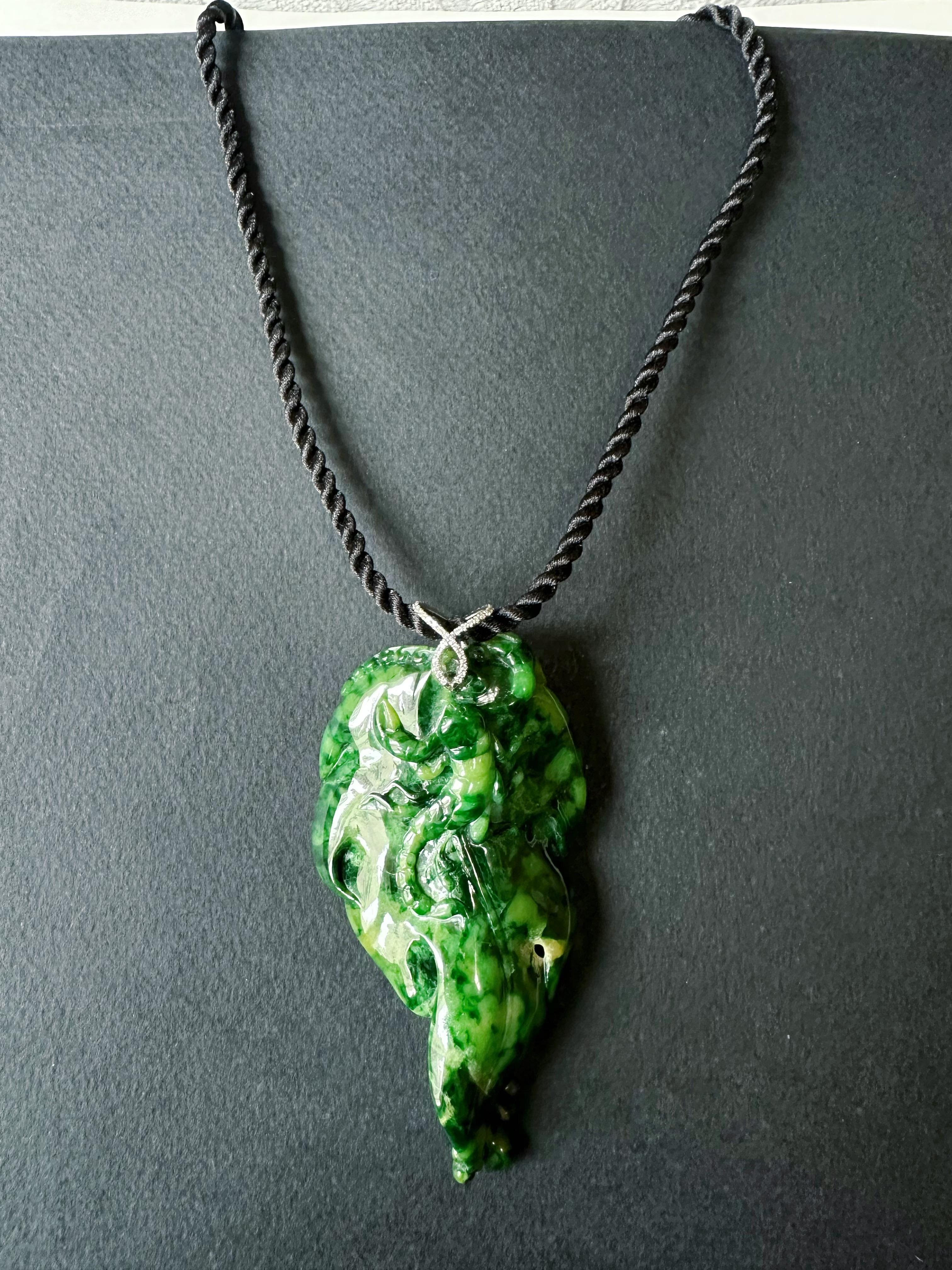 Natural Myanmar Imperial Green Lotus Leaf Jade Pendant with Diamond Bail For Sale 2