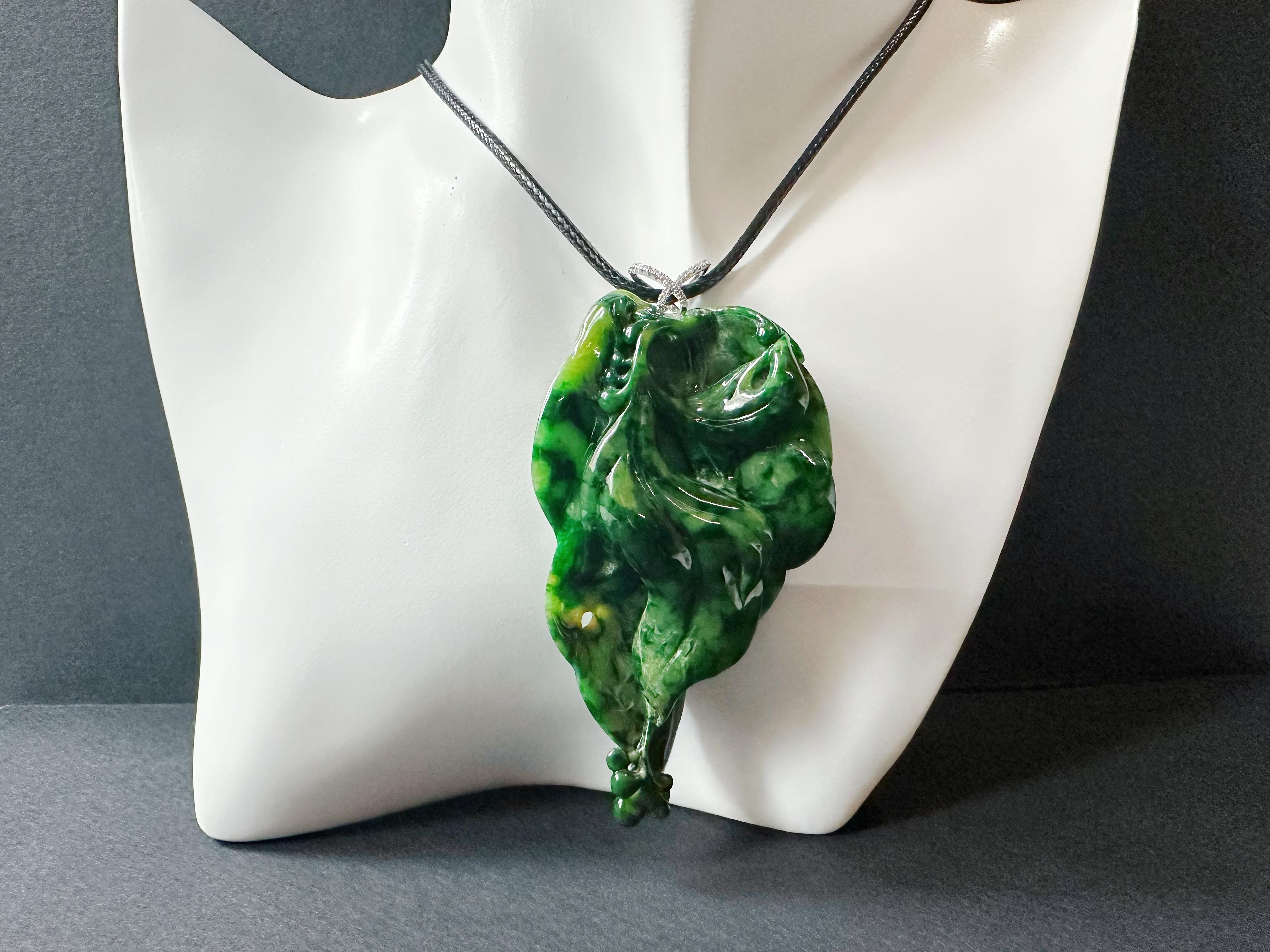 Natural Myanmar Imperial Green Lotus Leaf Jade Pendant with Diamond Bail For Sale 3