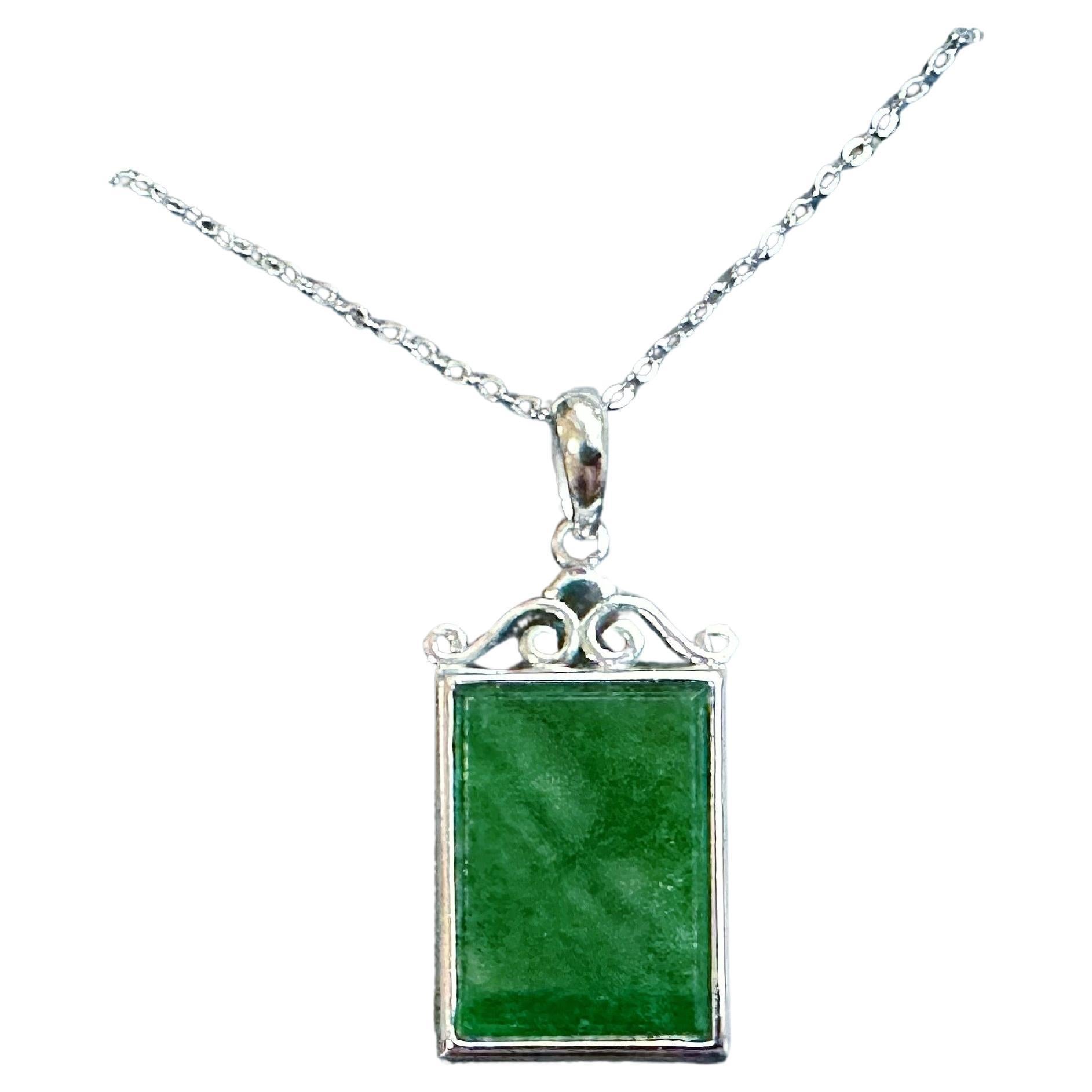 Natural Myanmar Intense Green Jade Pendant in 18K White Gold Plated Silver