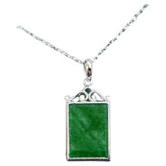 Natural Myanmar Intense Green Jade Pendant in 18K White Gold Plated Silver