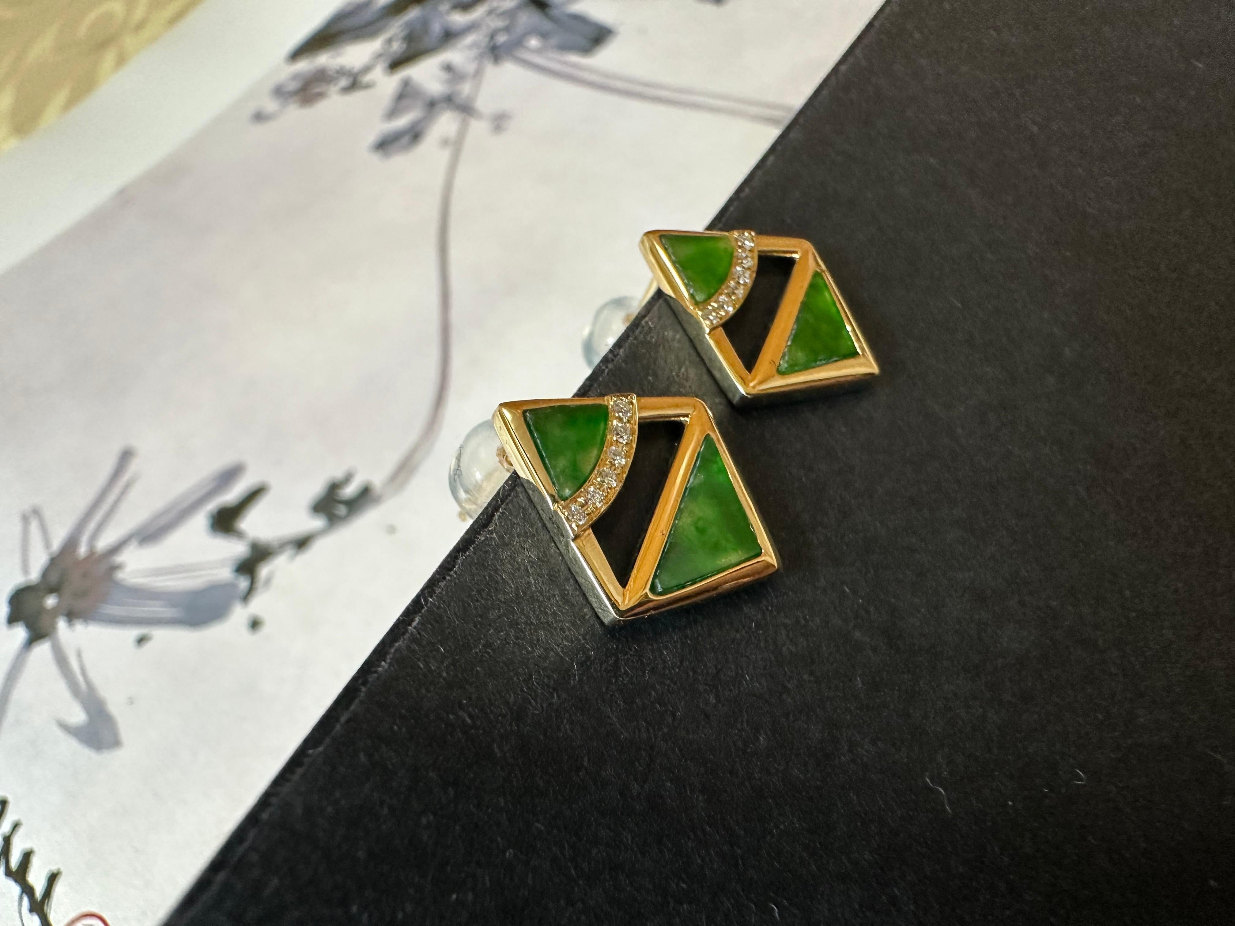 Natural Myanmar Iridescent Green Triangle Jade Earrings in 18K Gold and Diamond For Sale 4