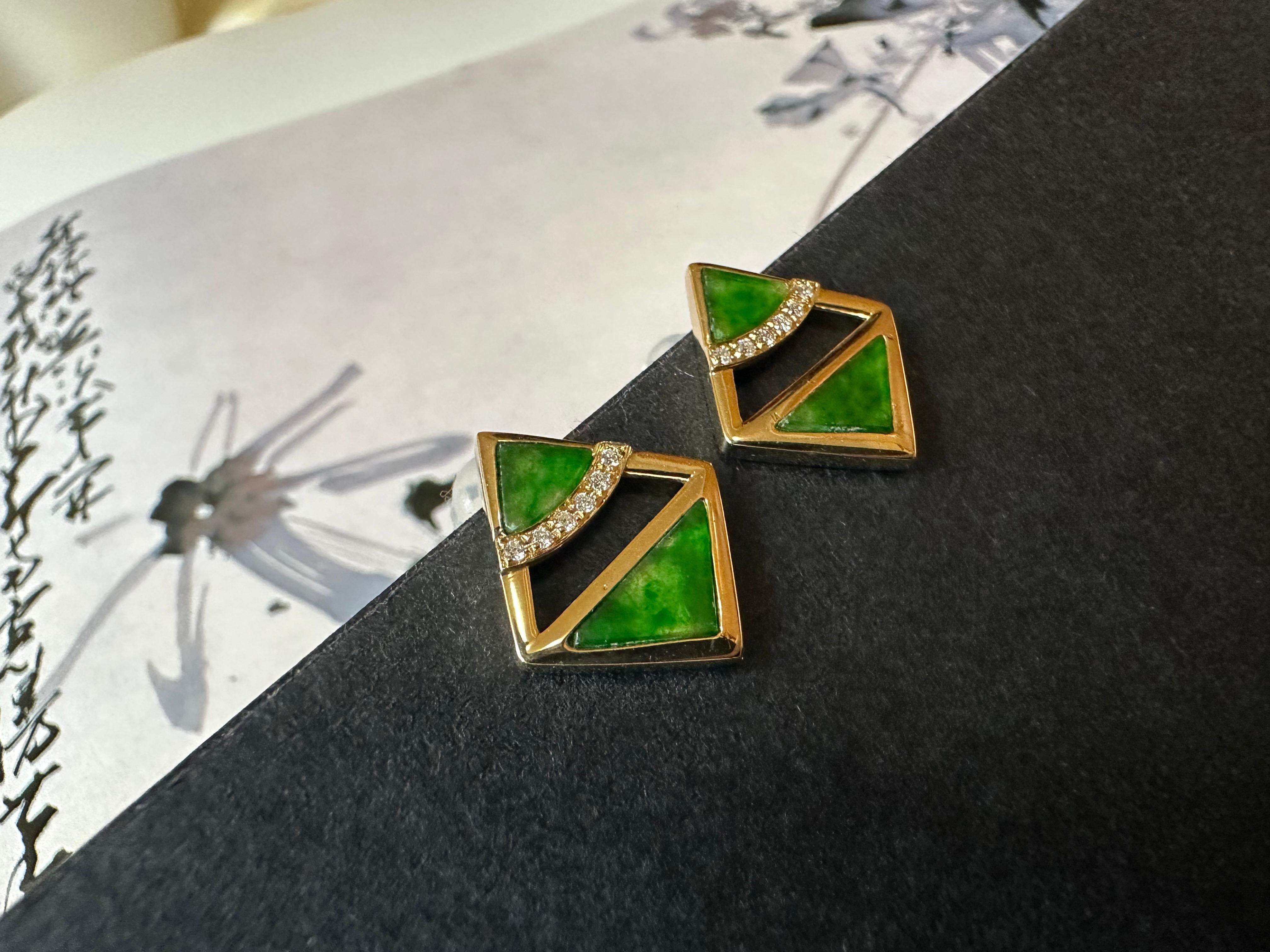 Natural Myanmar Iridescent Green Triangle Jade Earrings in 18K Gold and Diamond For Sale 5