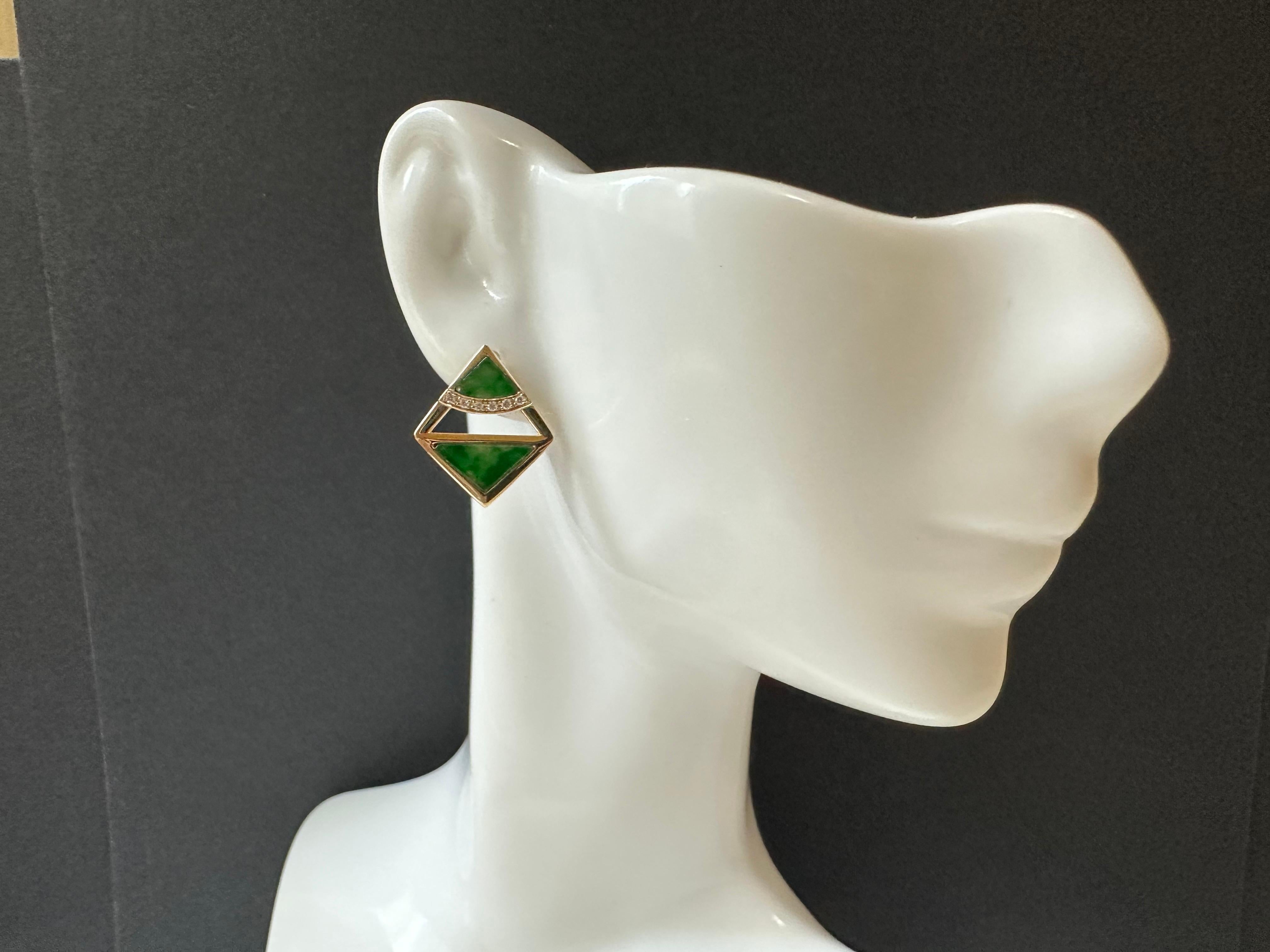 Natural Myanmar Iridescent Green Triangle Jade Earrings in 18K Gold and Diamond For Sale 6