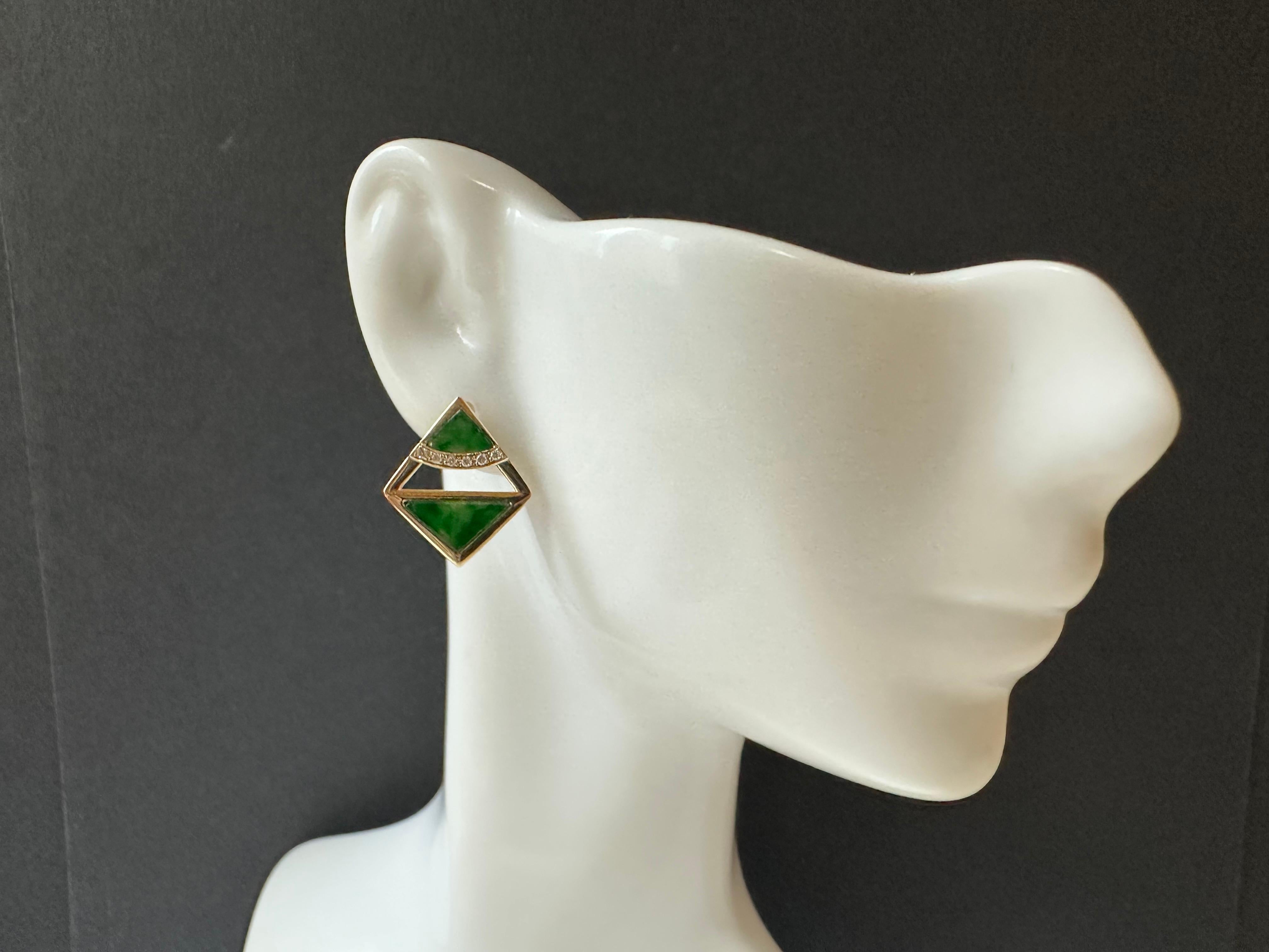 Natural Myanmar Iridescent Green Triangle Jade Earrings in 18K Gold and Diamond For Sale 7