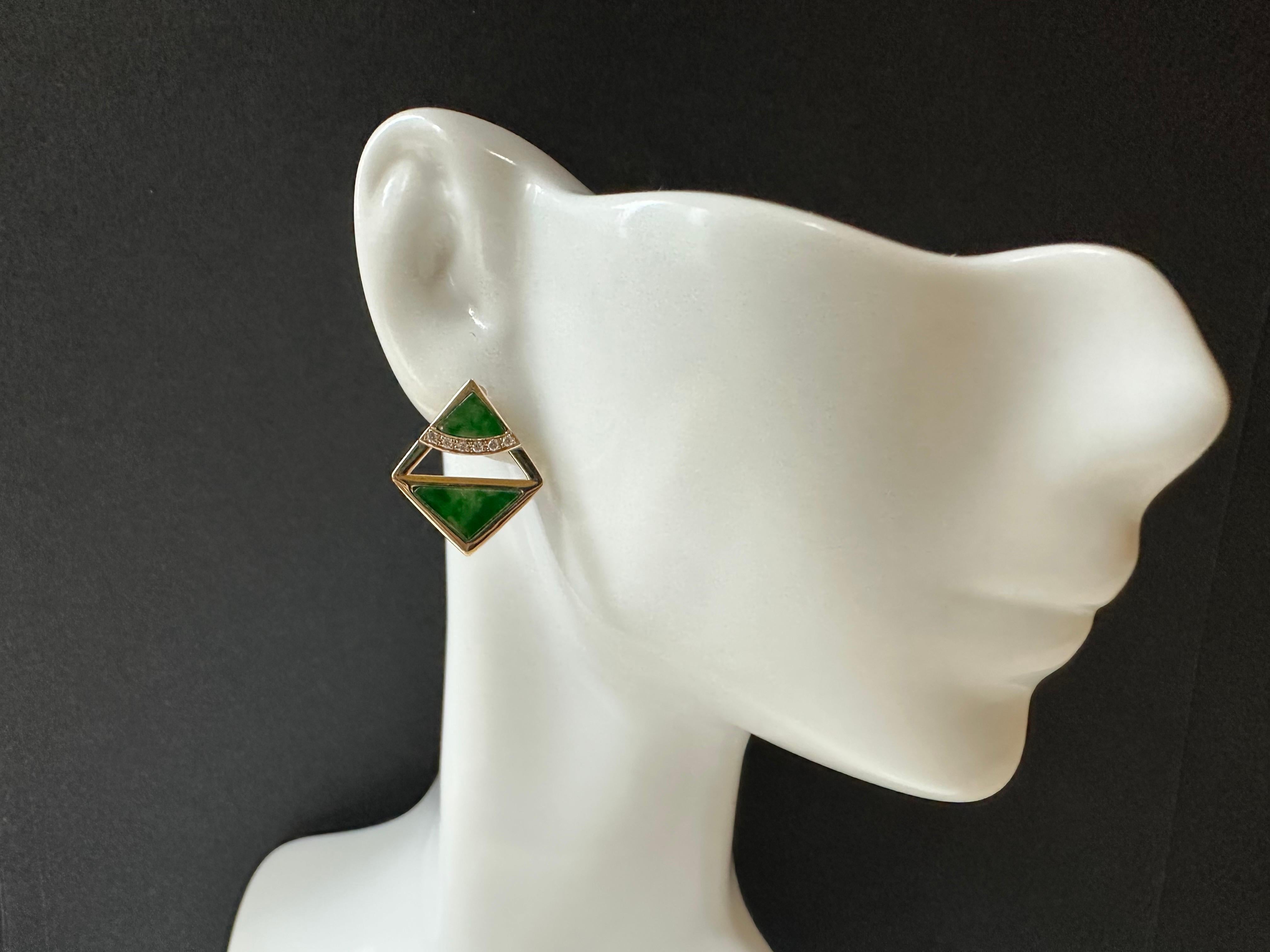 Natural Myanmar Iridescent Green Triangle Jade Earrings in 18K Gold and Diamond For Sale 8