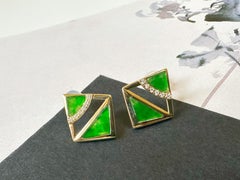 Natural Myanmar Iridescent Green Triangle Jade Earrings in 18K Gold and Diamond