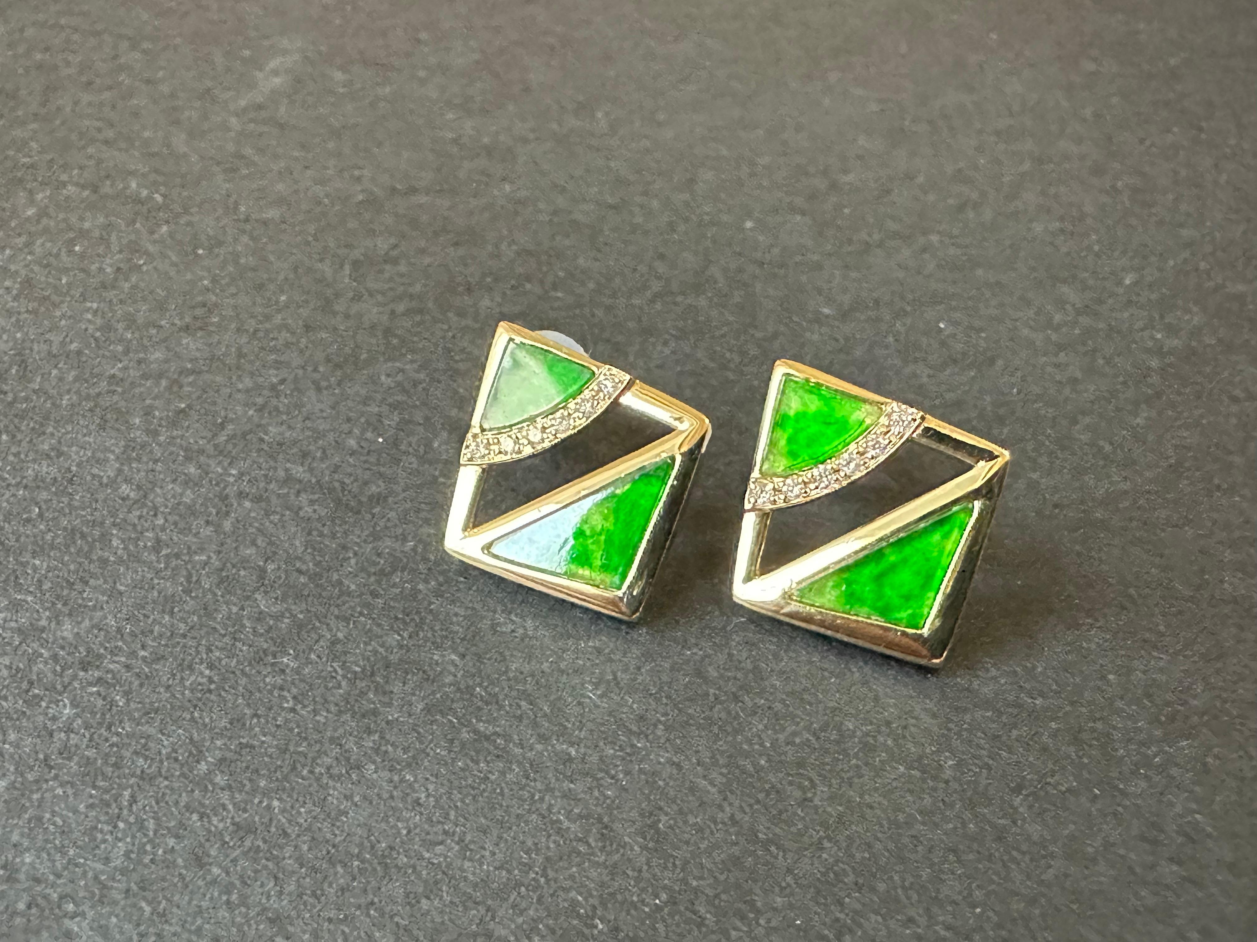 Art Deco Natural Myanmar Iridescent Green Triangle Jade Earrings in 18K Gold and Diamond For Sale