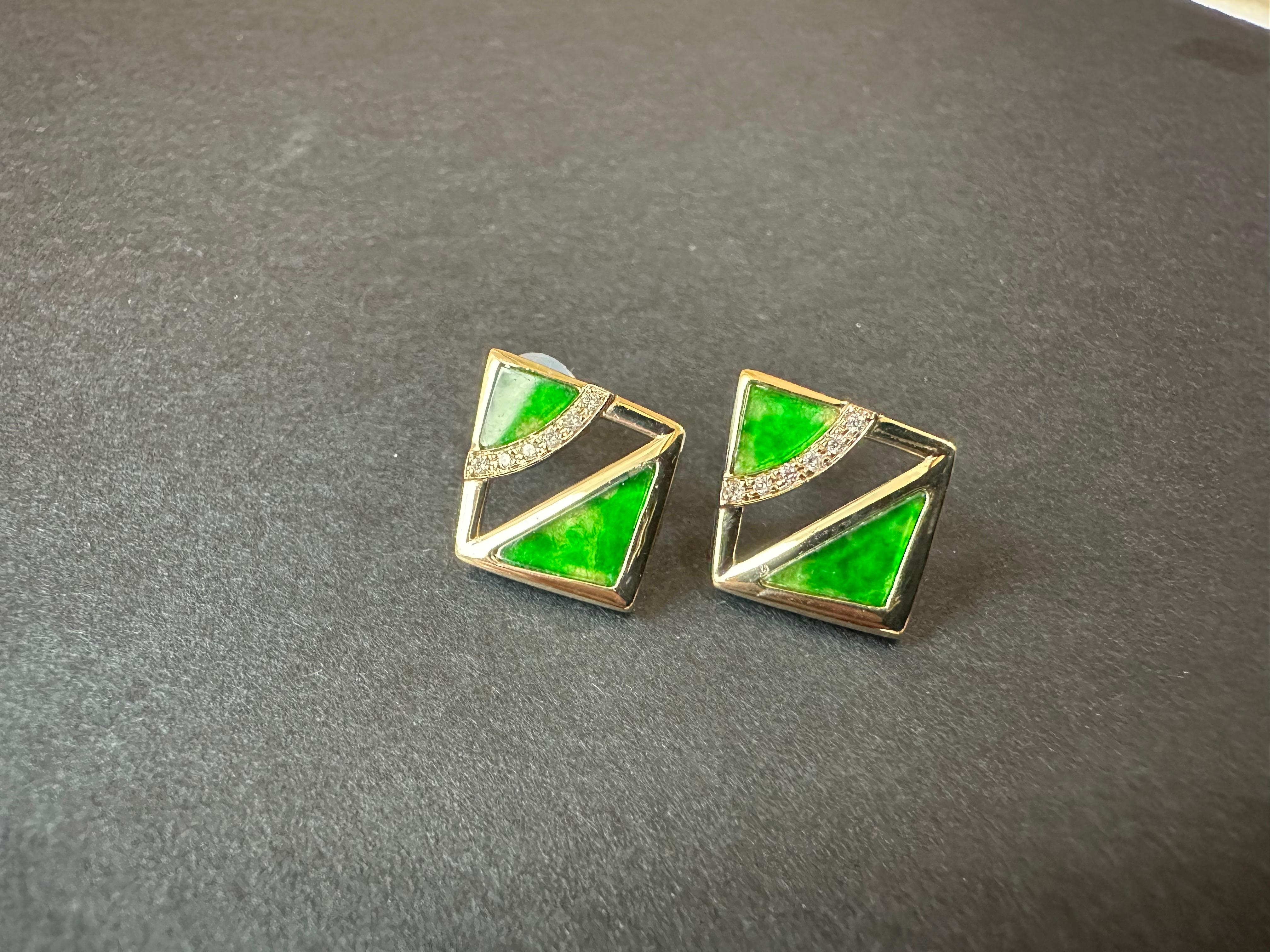Trillion Cut Natural Myanmar Iridescent Green Triangle Jade Earrings in 18K Gold and Diamond For Sale