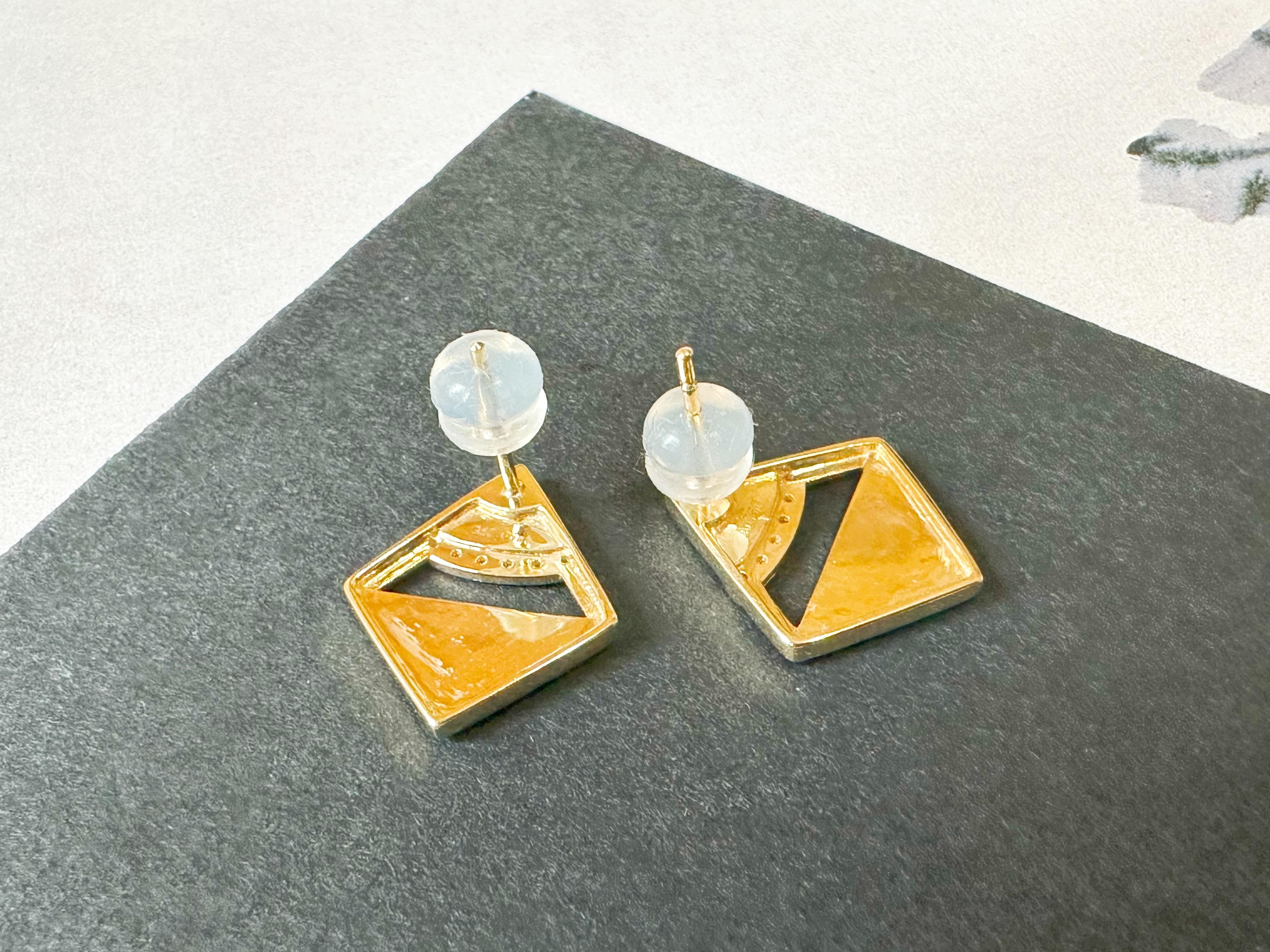 Women's or Men's Natural Myanmar Iridescent Green Triangle Jade Earrings in 18K Gold and Diamond For Sale