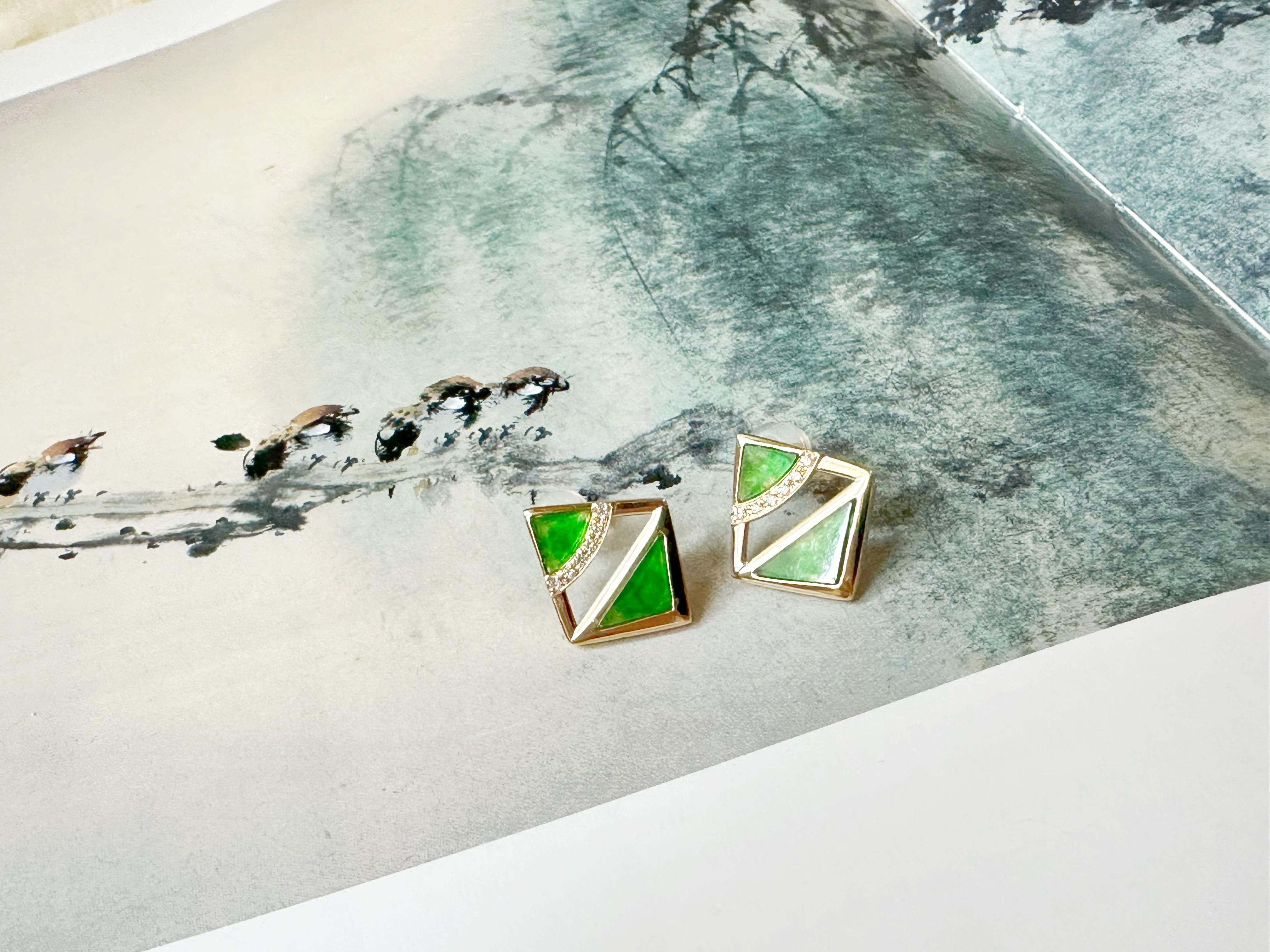 Natural Myanmar Iridescent Green Triangle Jade Earrings in 18K Gold and Diamond For Sale 3