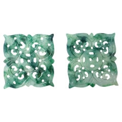 Natural Myanmar Jade Carved Pair Loose Stones, Green Jade Carvings