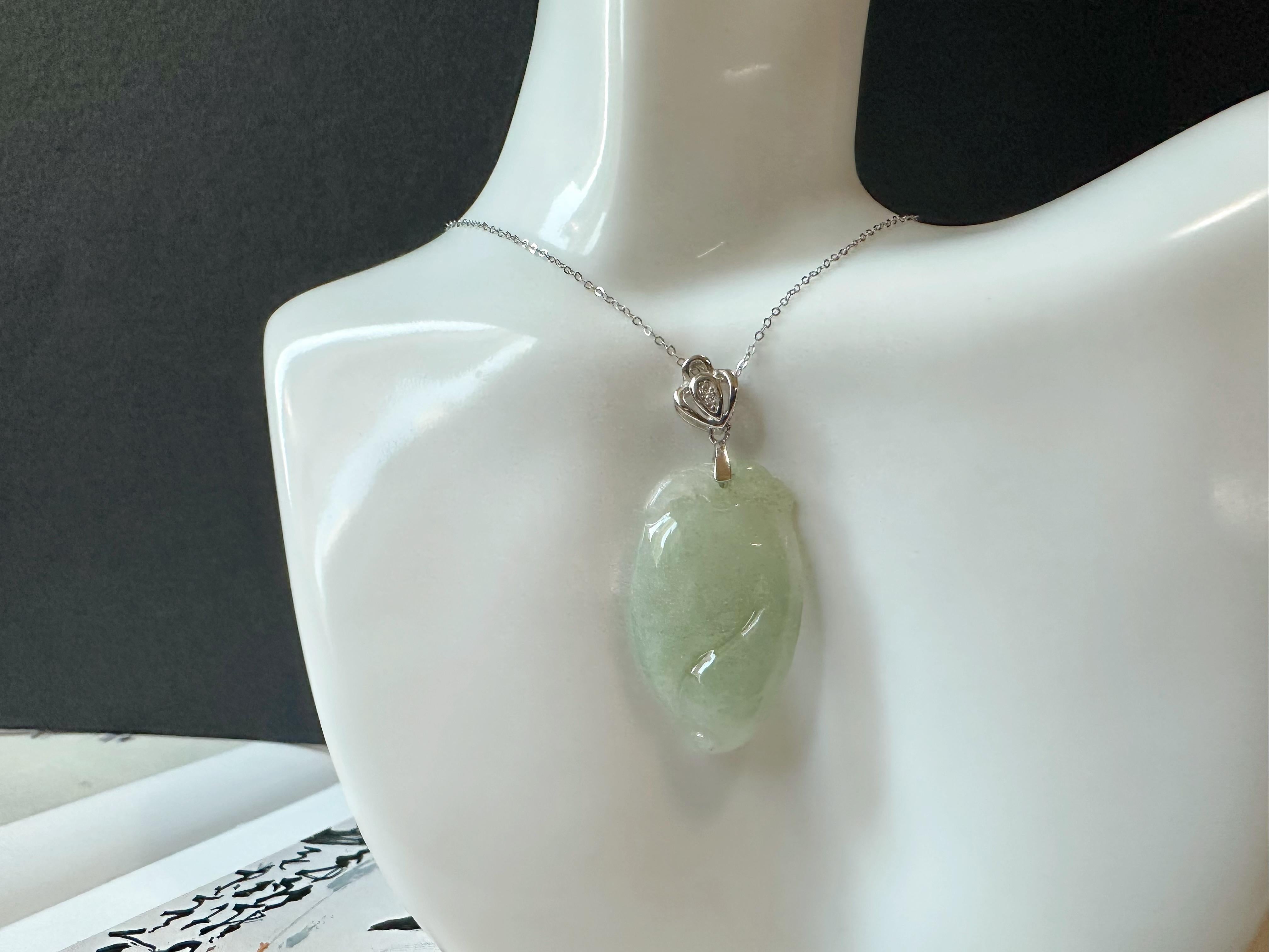 Natural Myanmar Jade Peach Silver Pendant in vendita 7