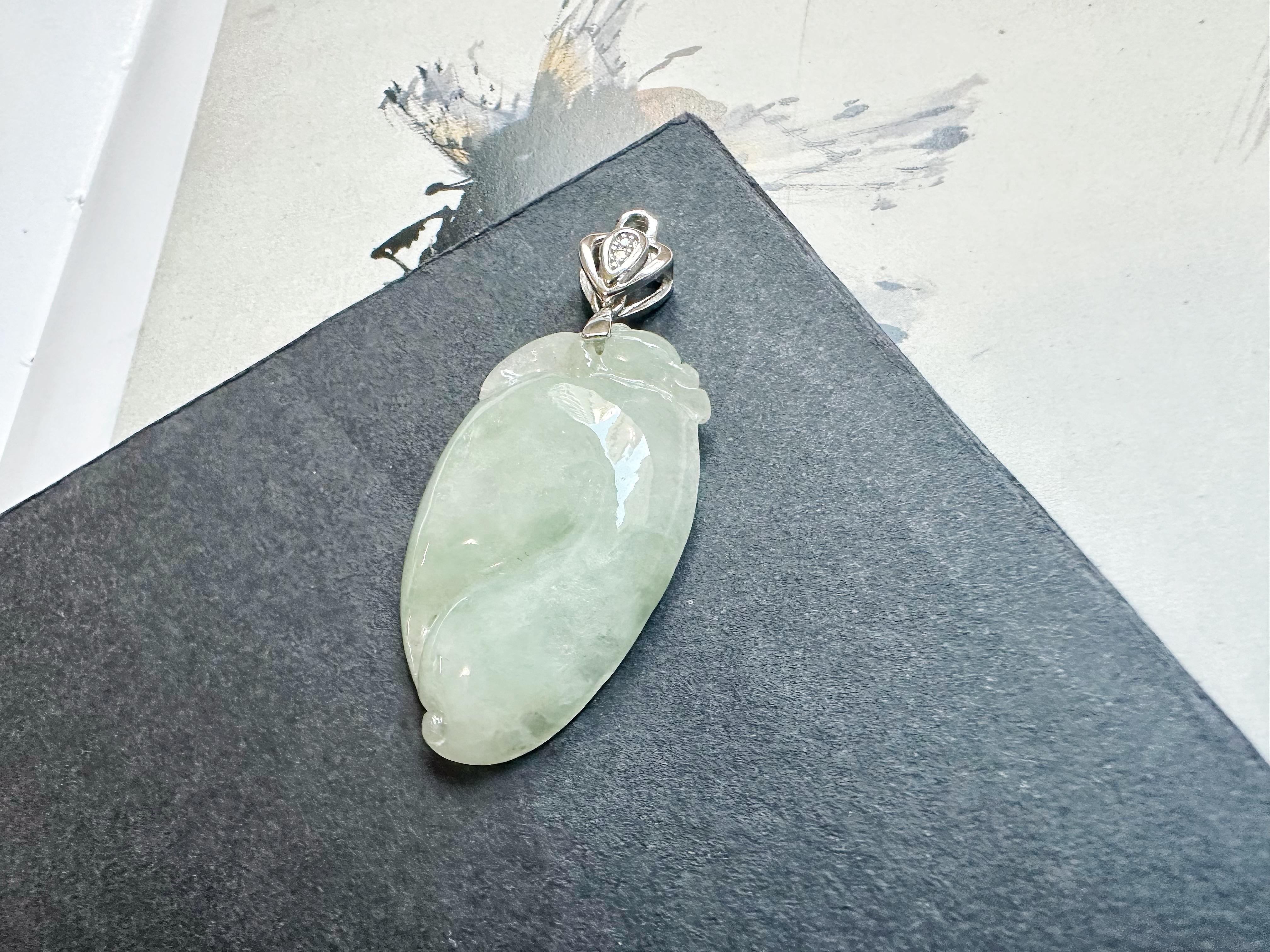 Natural Myanmar Jade Peach Silver Pendant in vendita 2