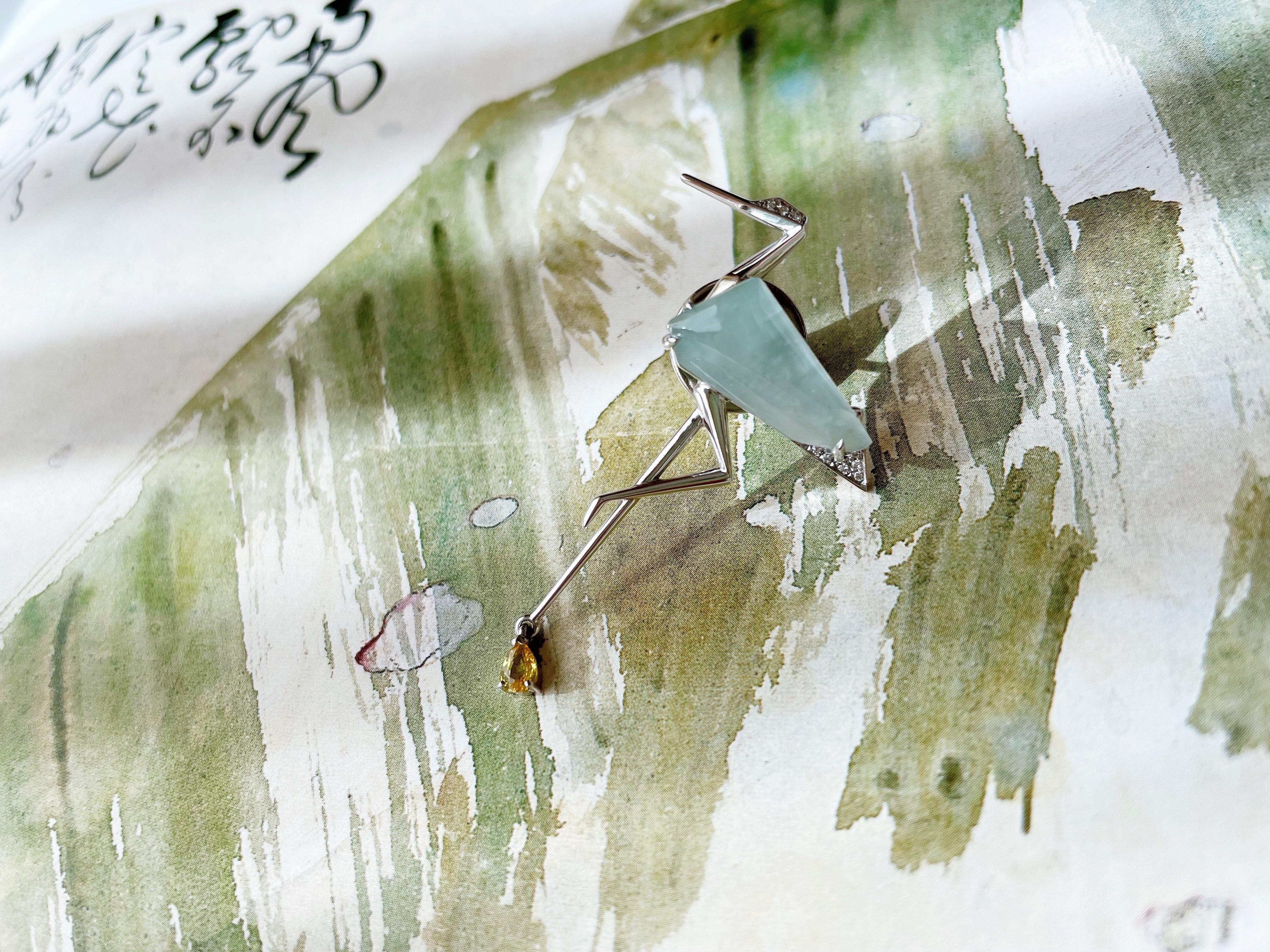 Mixed Cut Natural Myanmar Jadeite Jade Crane Brooch, Symbol of Longevity For Sale