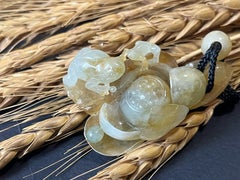 Natural Myanmar Jadeite Pendant - Honey-Yellow Carved Frogs & Lotus Flowers