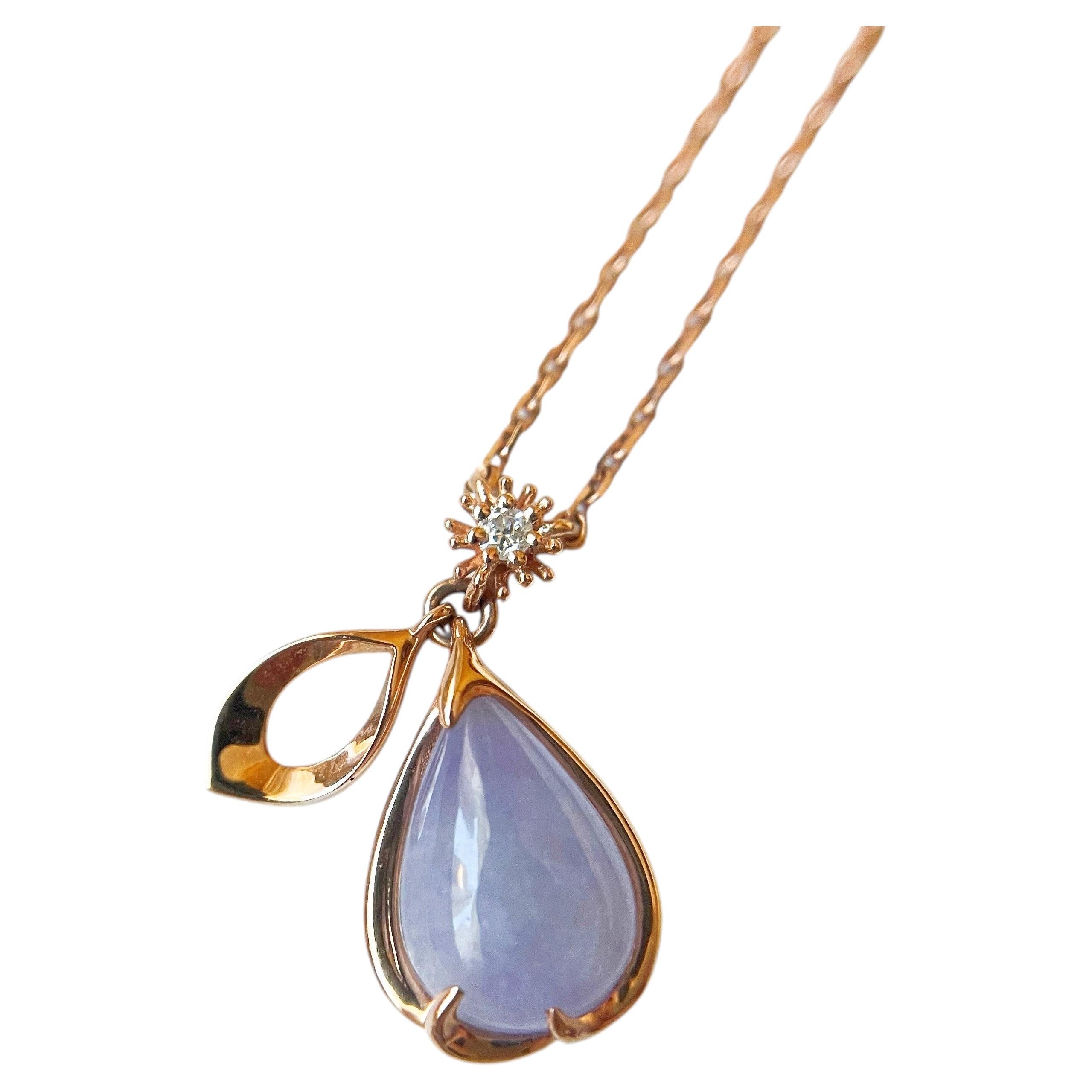 Natural Myanmar Lavender Icy Jadeite Sakura Petal Pendant Necklace 18K Rose Gold For Sale