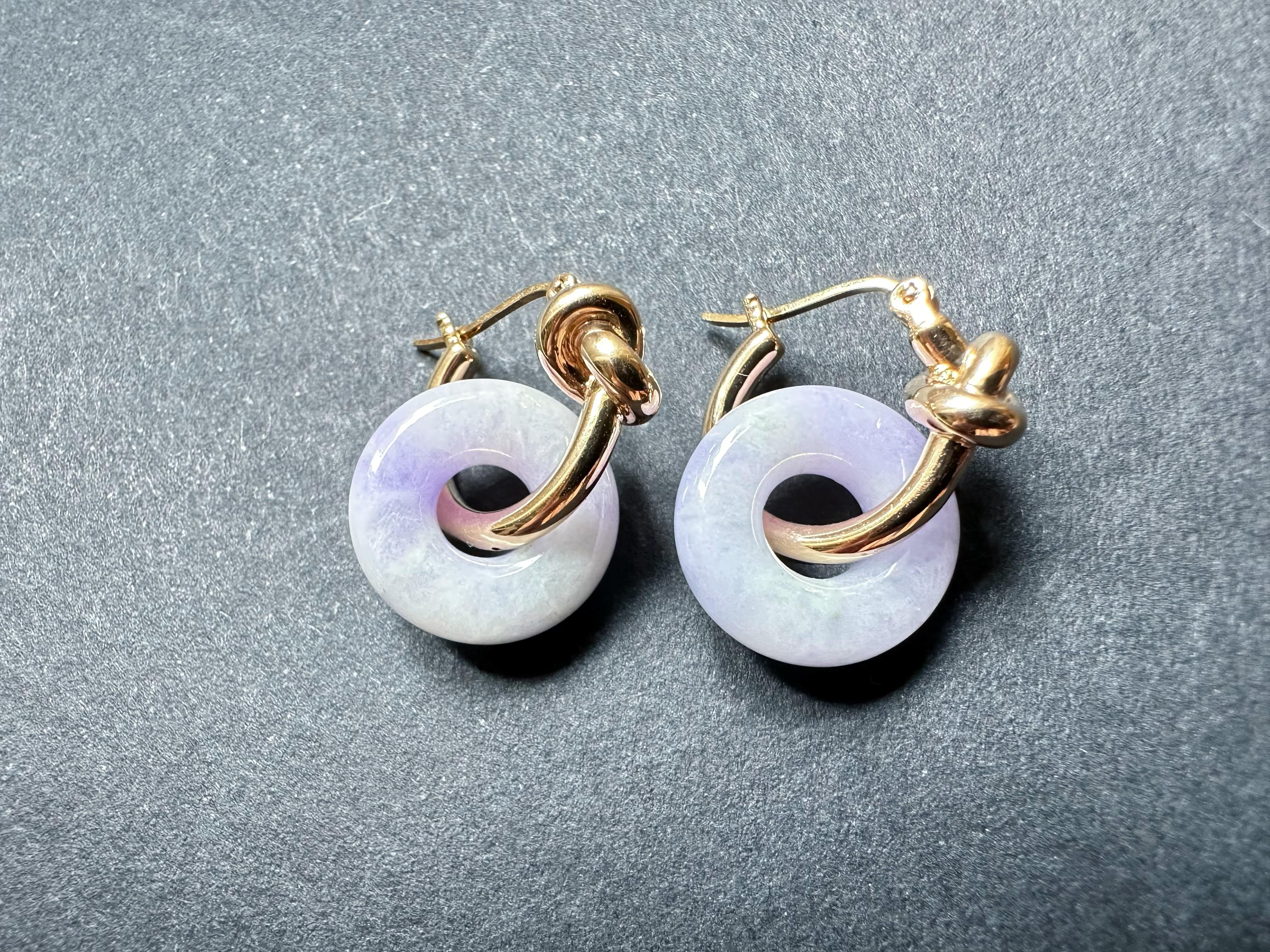 Natürliche Myanmar Lavendel Jade Donut 18K Gold Schleifen-Ohrringe, zwei Arten zu tragen 4