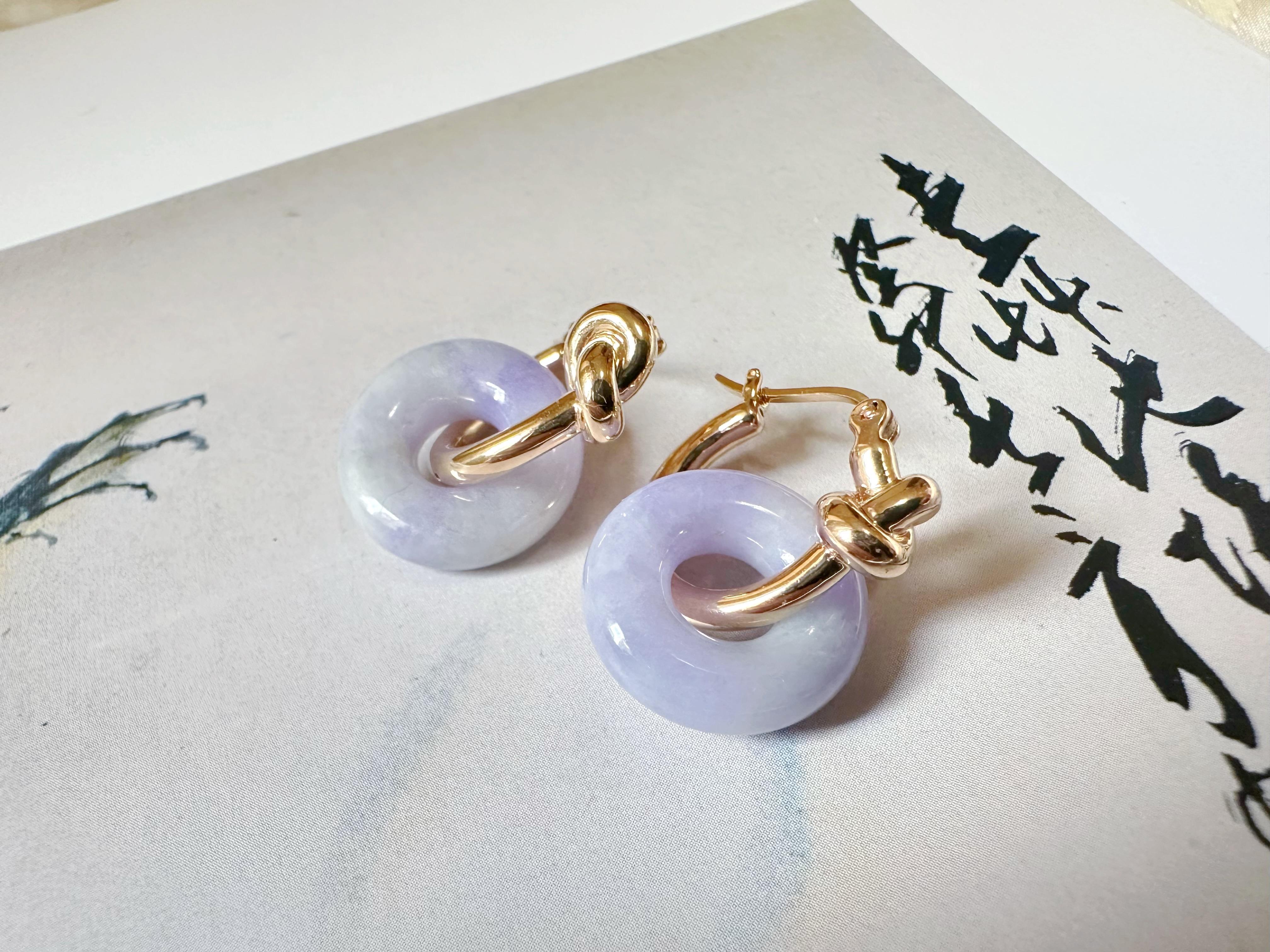 Natürliche Myanmar Lavendel Jade Donut 18K Gold Schleifen-Ohrringe, zwei Arten zu tragen für Damen oder Herren