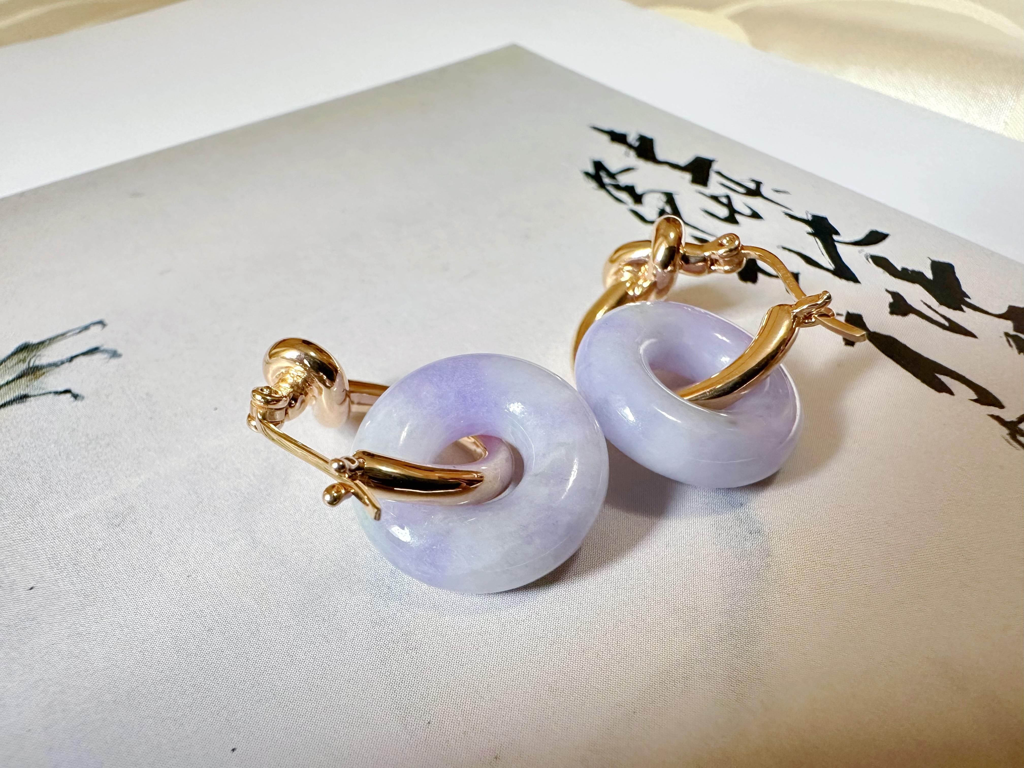 Natürliche Myanmar Lavendel Jade Donut 18K Gold Schleifen-Ohrringe, zwei Arten zu tragen 2