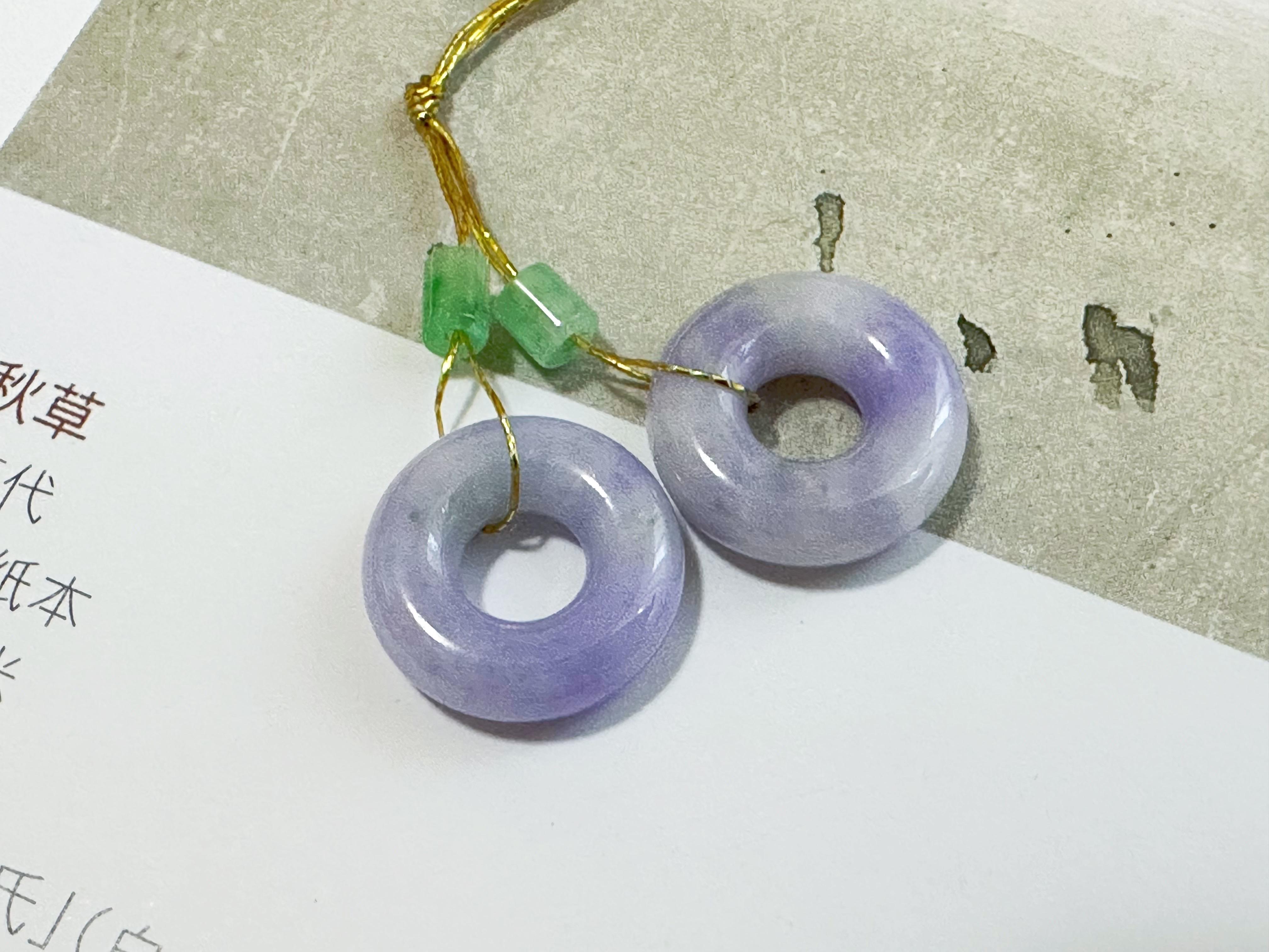 Round Cut Natural Myanmar Lavender Jade Donut Loose Stone, Purple Jadeite Loose Stone Pair For Sale