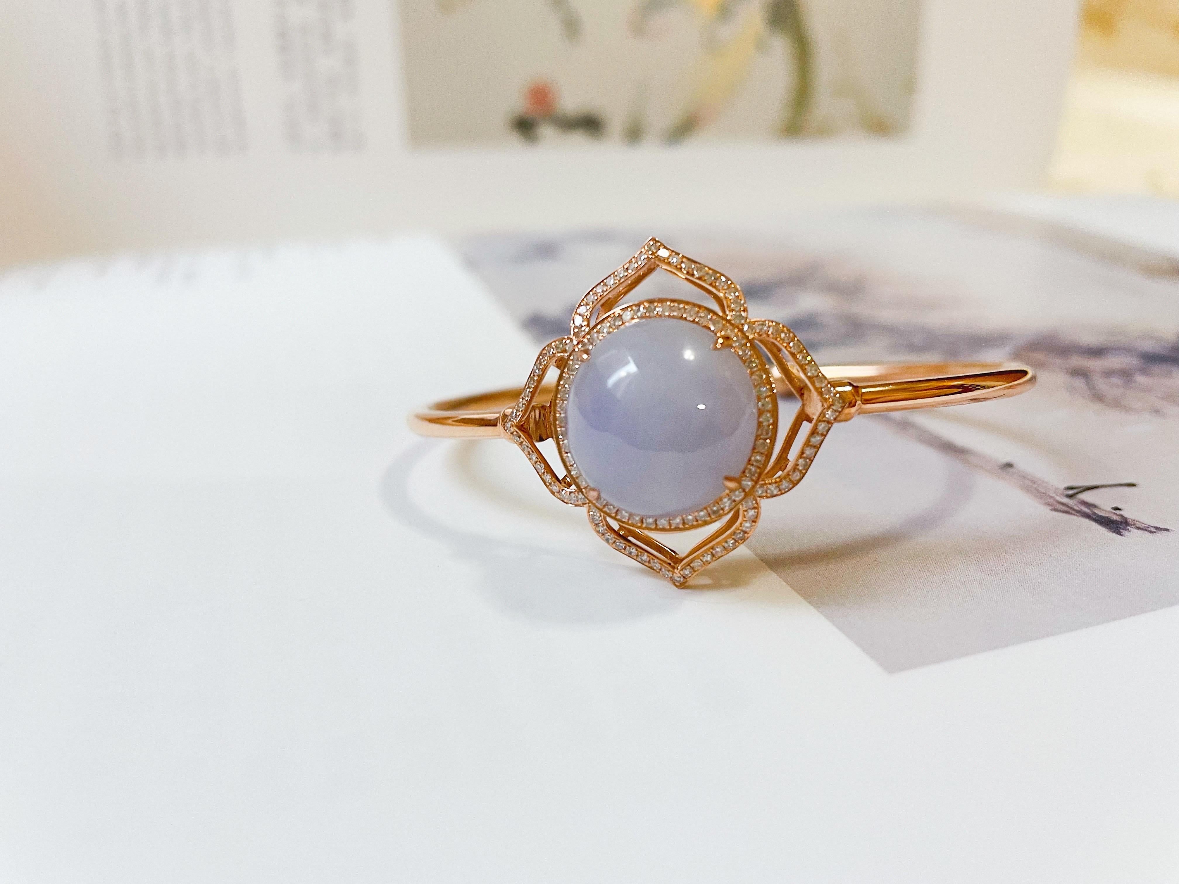 Natural Myanmar Lavender Jadeite Cabochon Bracelet in 18K Rose Gold & Diamond For Sale 6