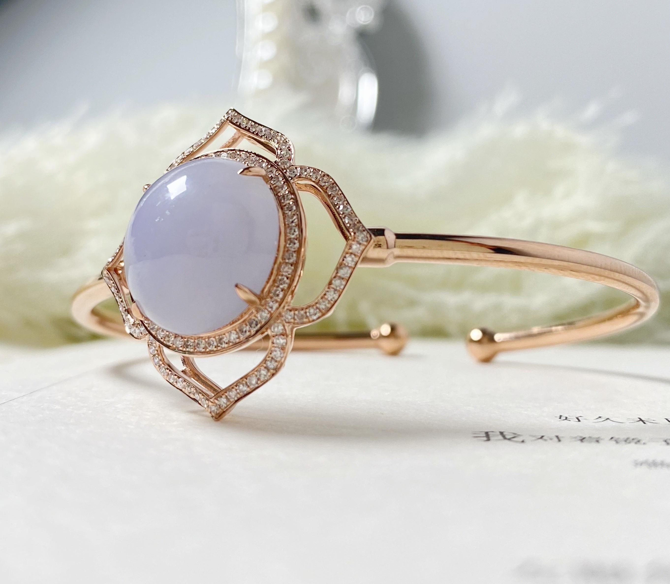 Art Nouveau Natural Myanmar Lavender Jadeite Cabochon Bracelet in 18K Rose Gold & Diamond For Sale
