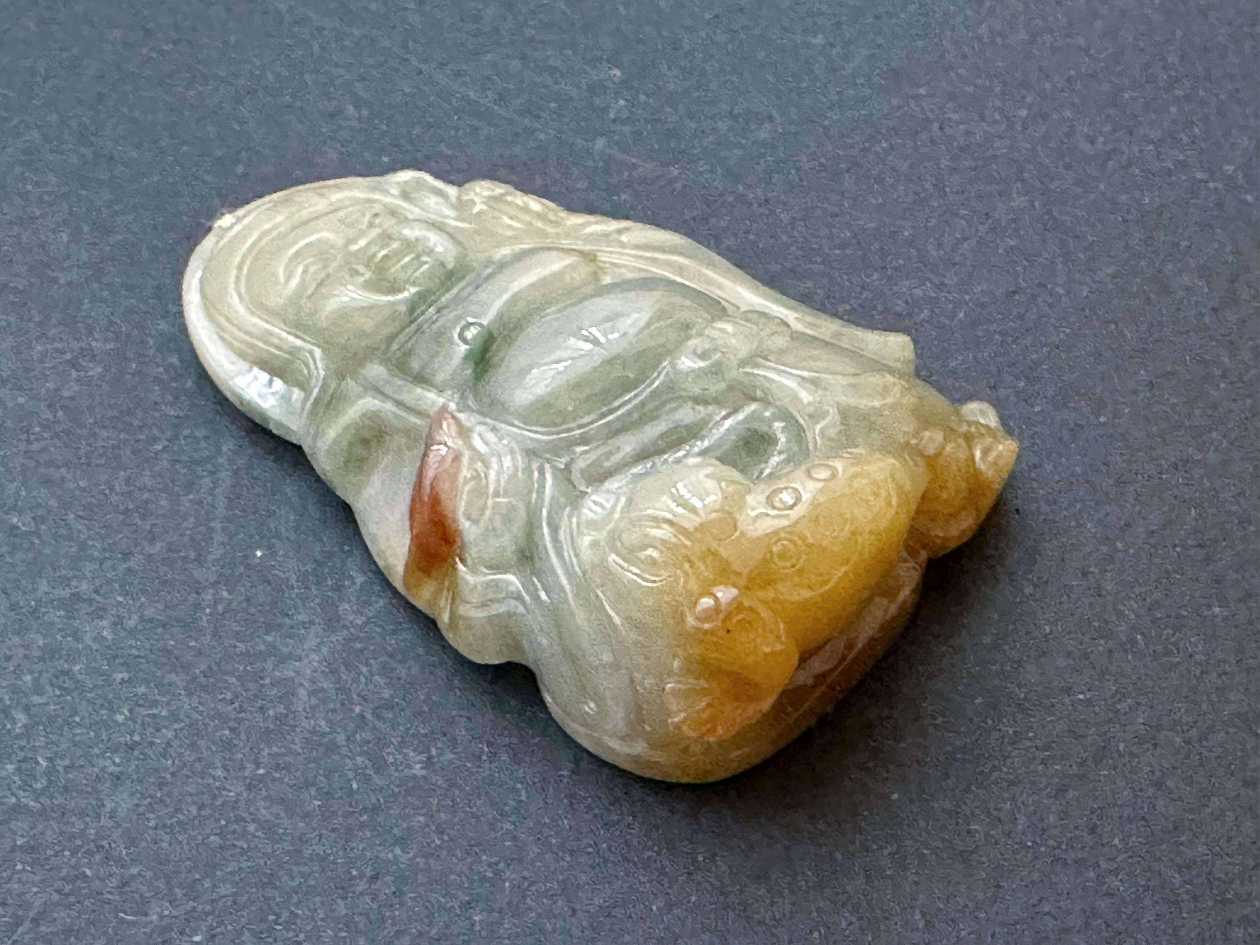Arts and Crafts Natural Myanmar Liu Haichan Icy Type Tricolor Green Yellow Red Jade Pendant For Sale