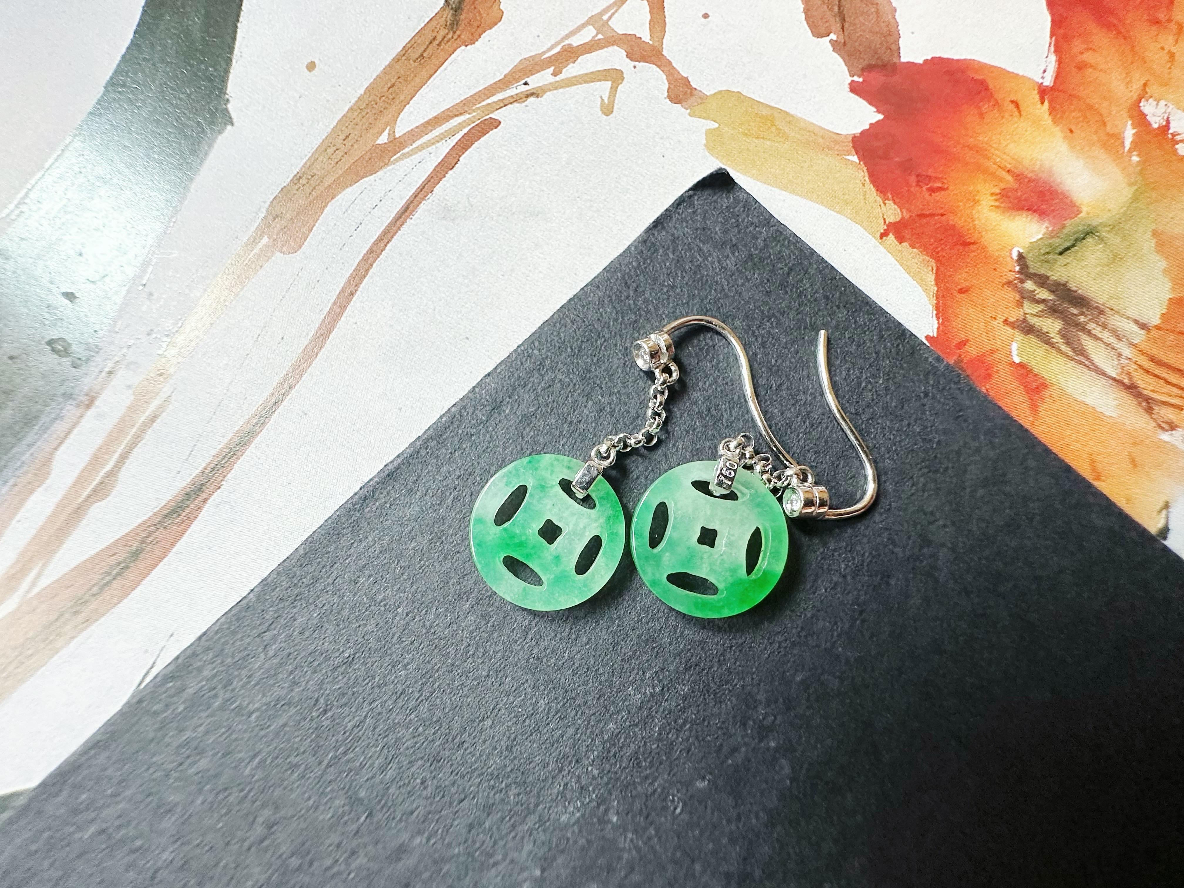 Natural Myanmar Moss on Snow Green Jade Dangling Earrings in 18K Gold & Diamond For Sale 4