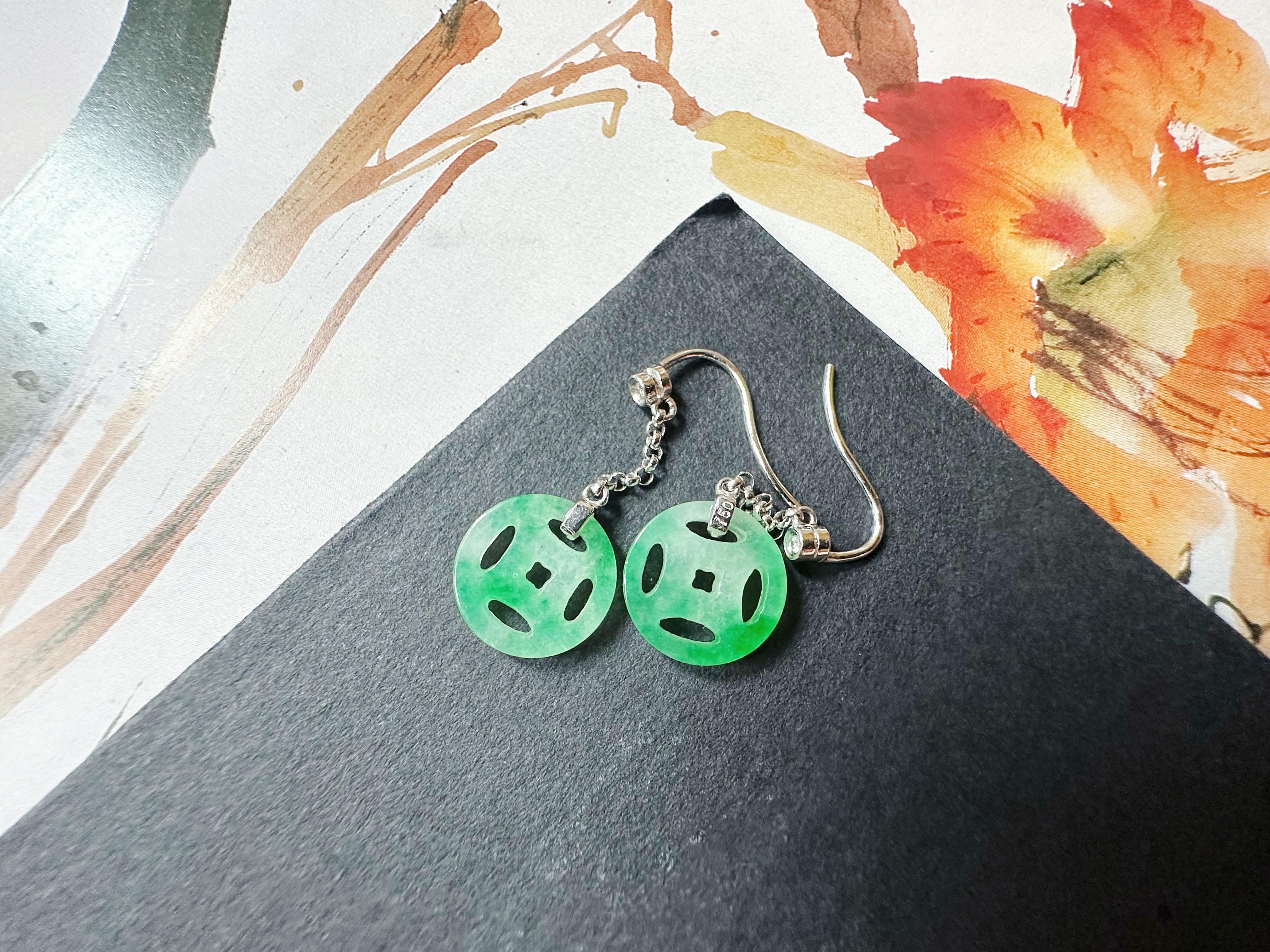 Natural Myanmar Moss on Snow Green Jade Dangling Earrings in 18K Gold & Diamond For Sale 5
