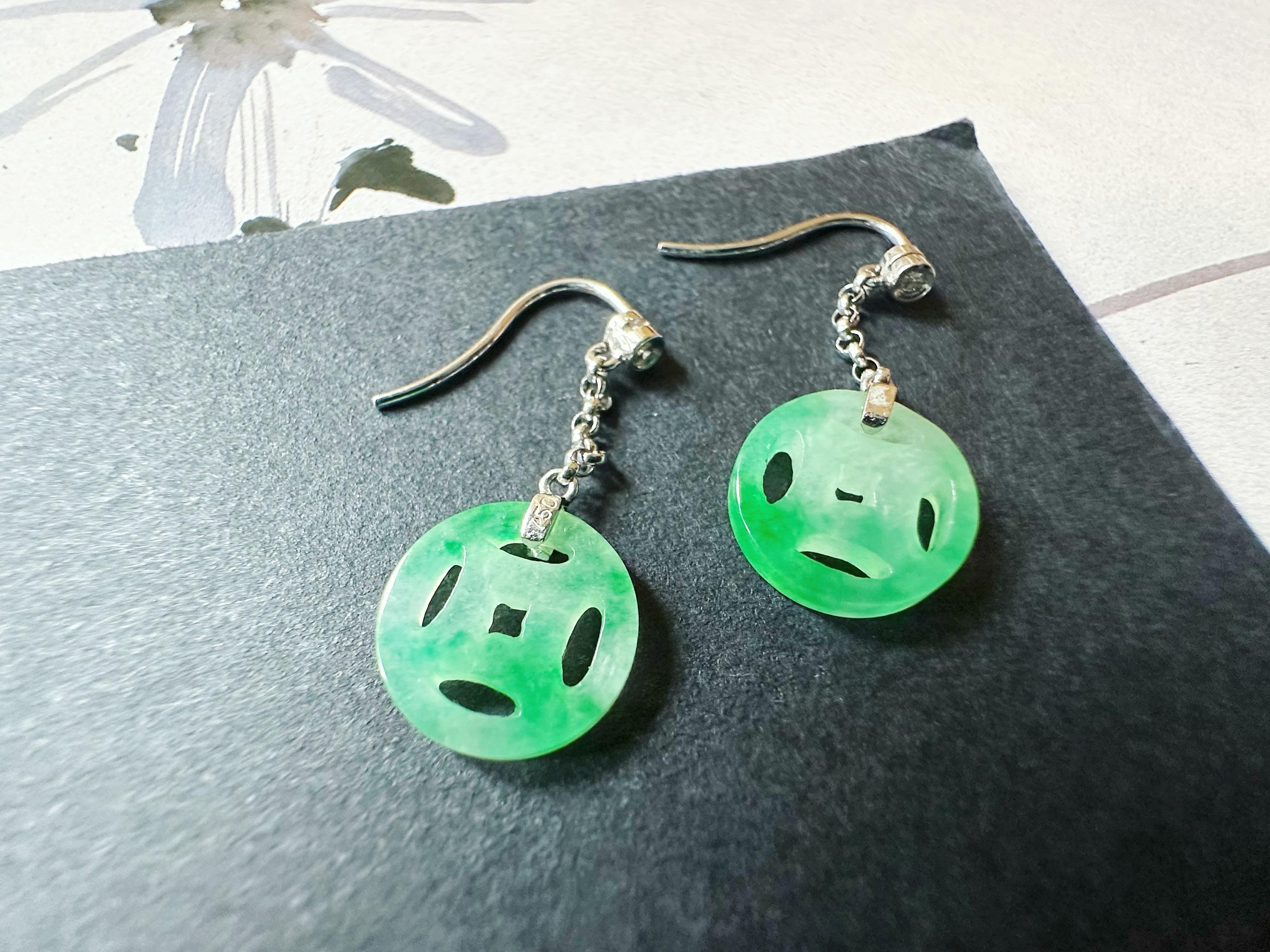 Natural Myanmar Moss on Snow Green Jade Dangling Earrings in 18K Gold & Diamond For Sale 6