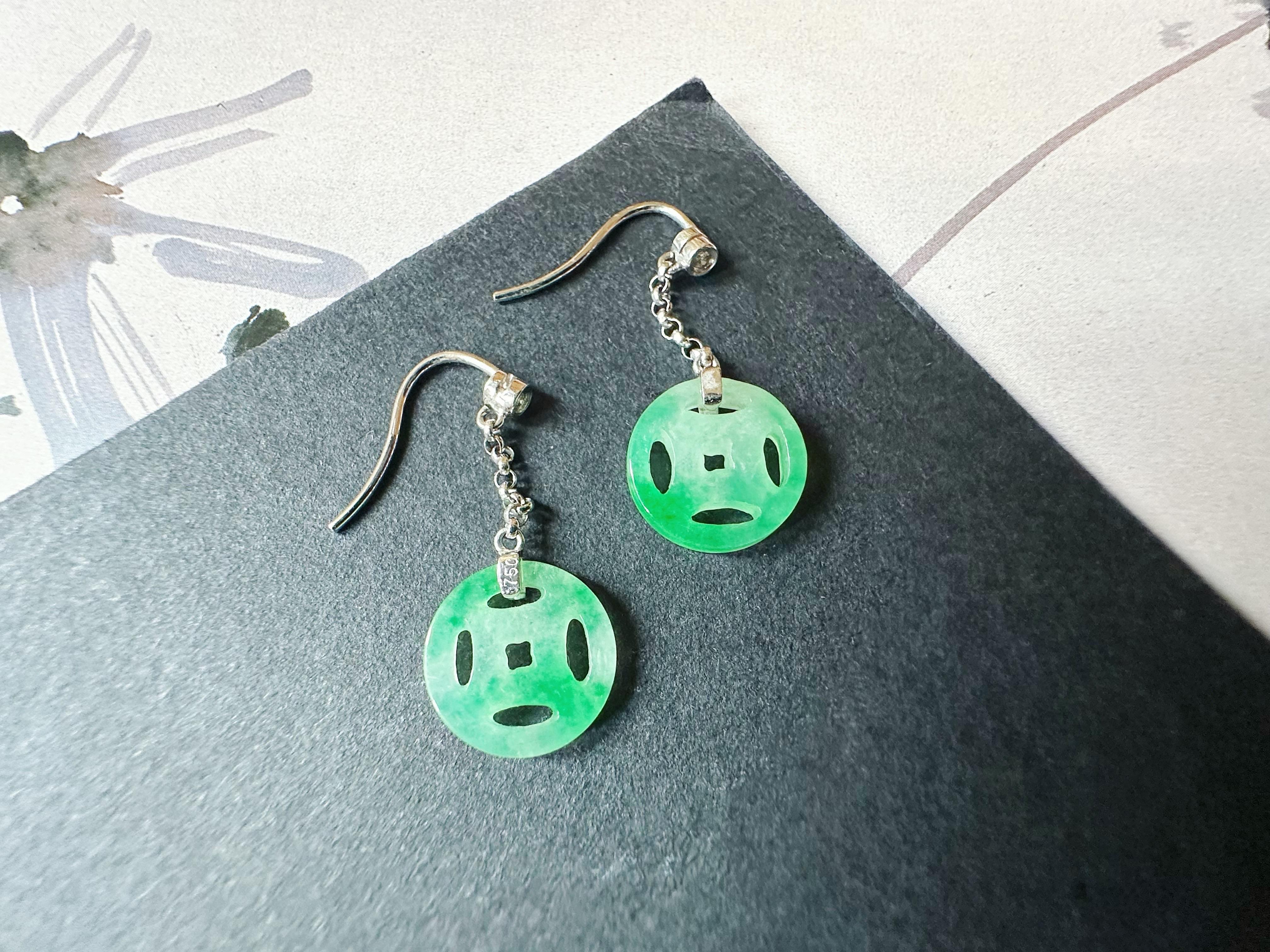 Natural Myanmar Moss on Snow Green Jade Dangling Earrings in 18K Gold & Diamond For Sale 7
