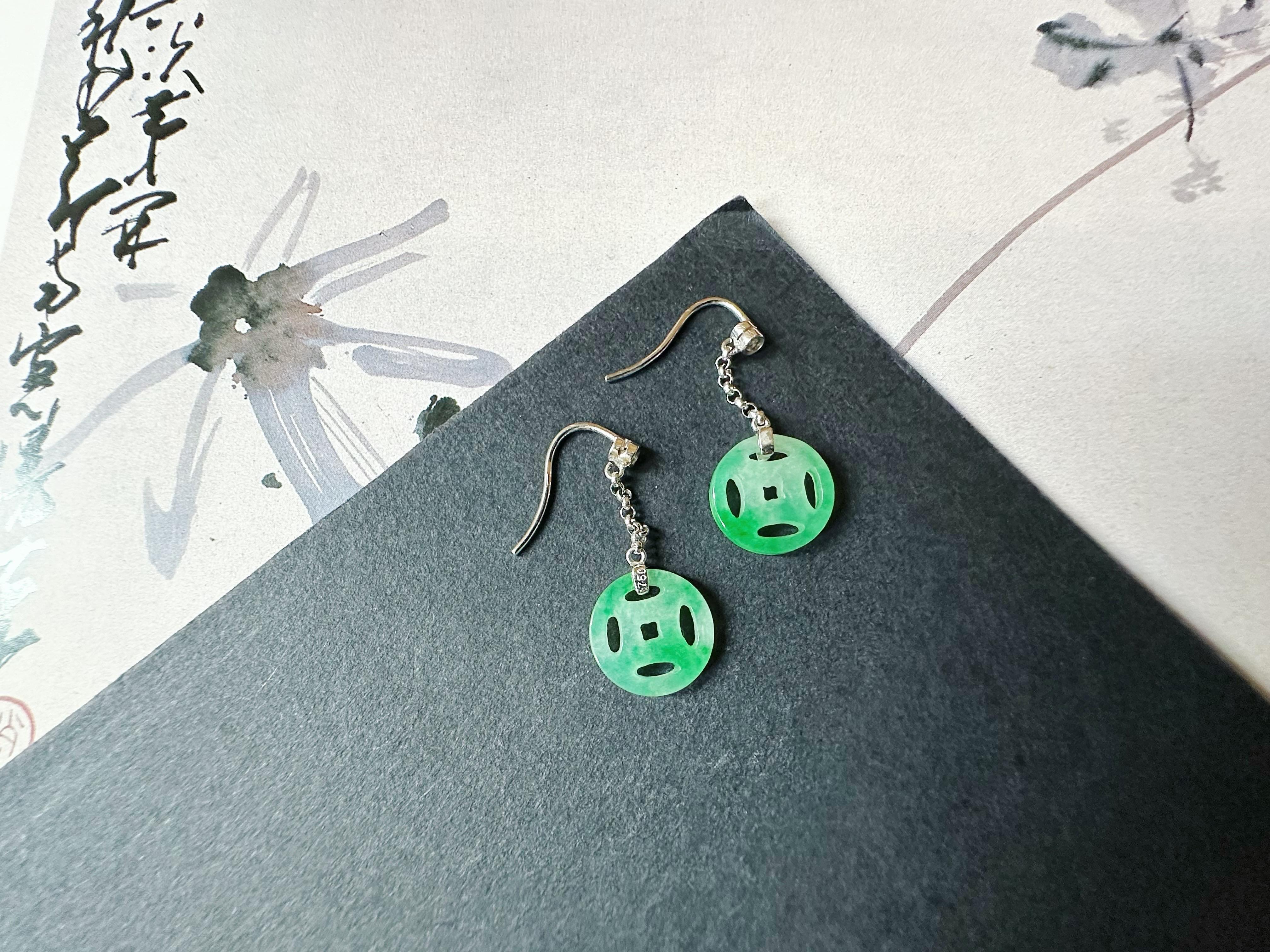 Natural Myanmar Moss on Snow Green Jade Dangling Earrings in 18K Gold & Diamond For Sale 8