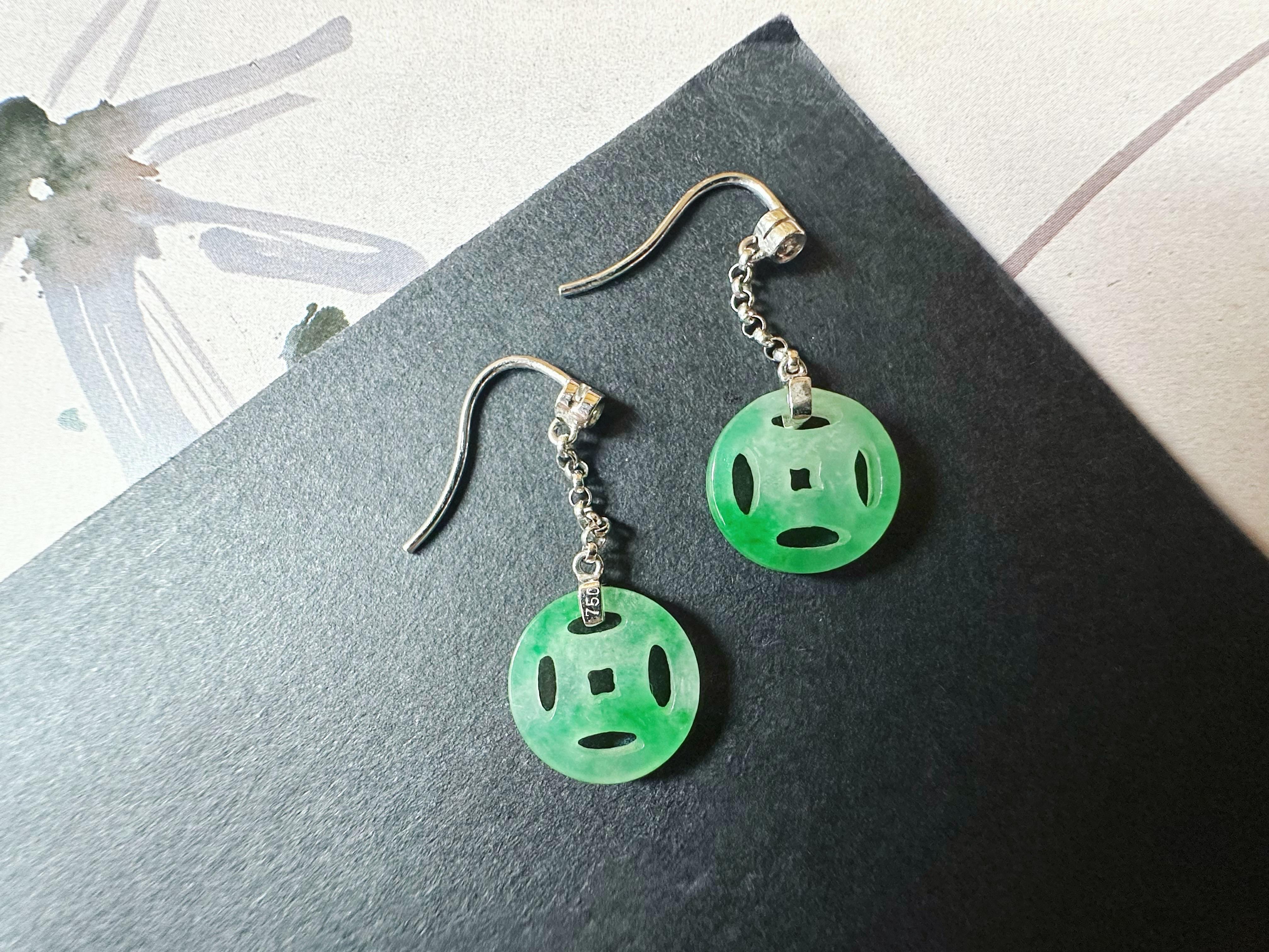 Natural Myanmar Moss on Snow Green Jade Dangling Earrings in 18K Gold & Diamond For Sale 9