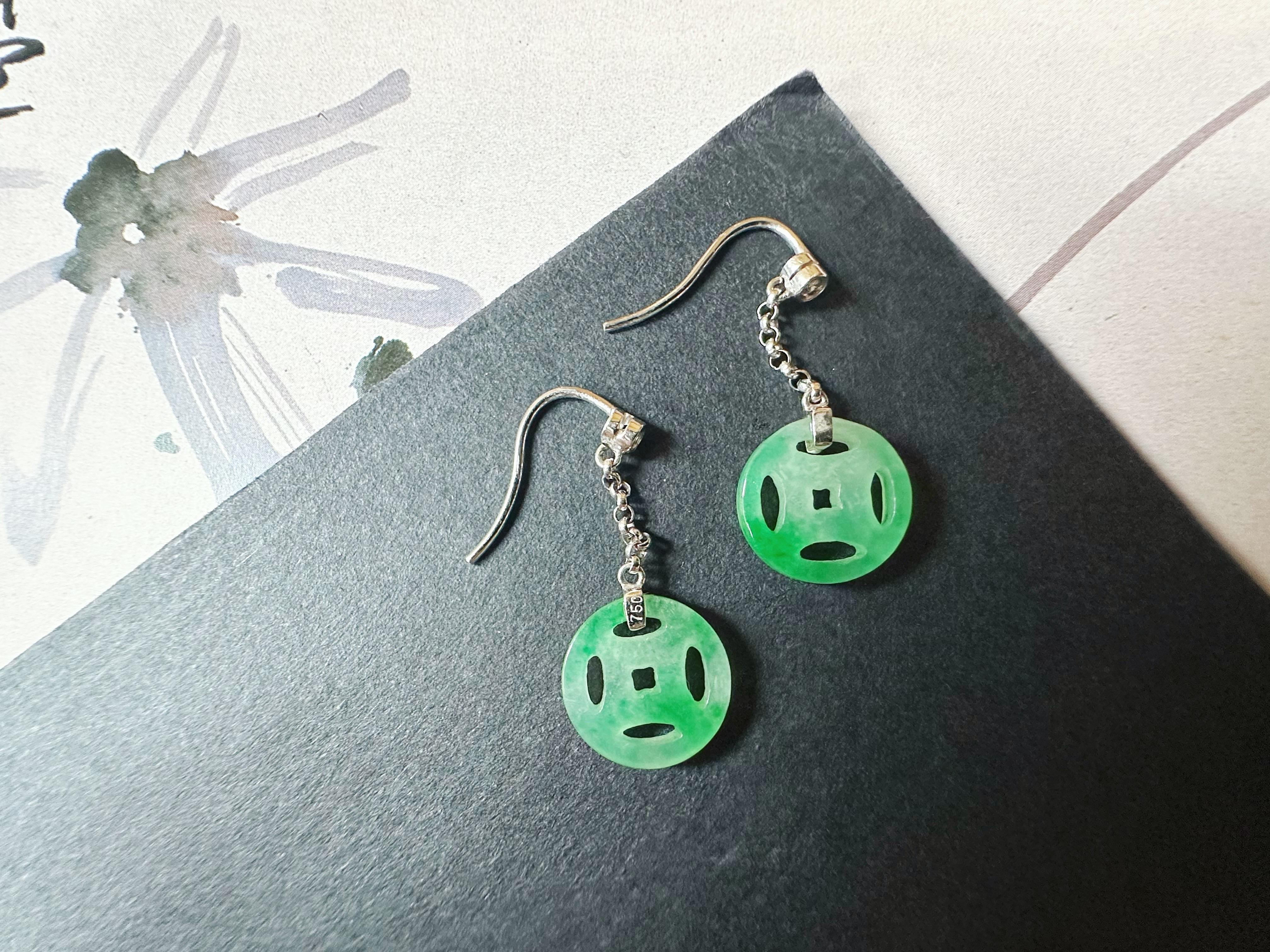 Natural Myanmar Moss on Snow Green Jade Dangling Earrings in 18K Gold & Diamond For Sale 10