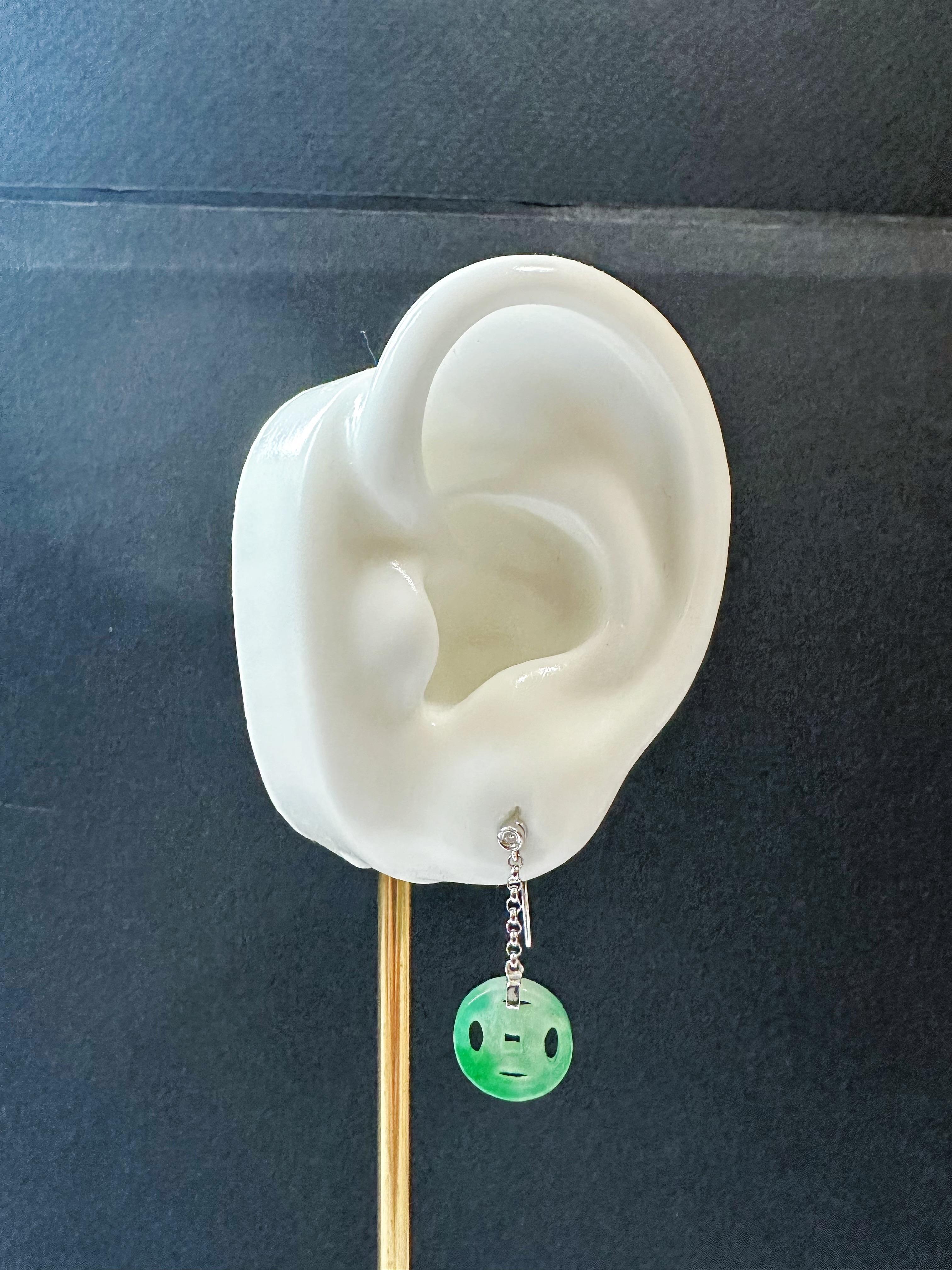 Natural Myanmar Moss on Snow Green Jade Dangling Earrings in 18K Gold & Diamond For Sale 11