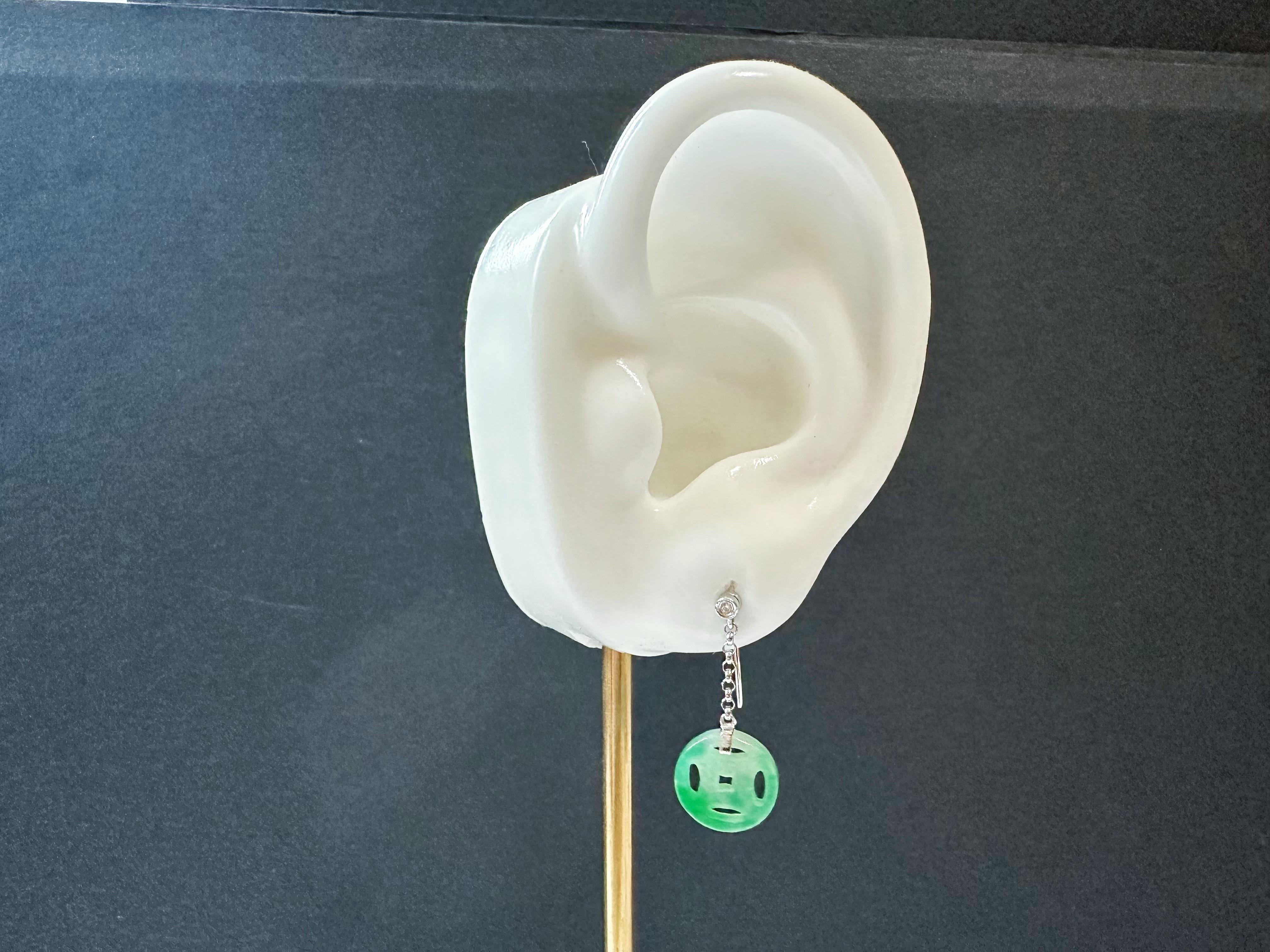 Natural Myanmar Moss on Snow Green Jade Dangling Earrings in 18K Gold & Diamond For Sale 12