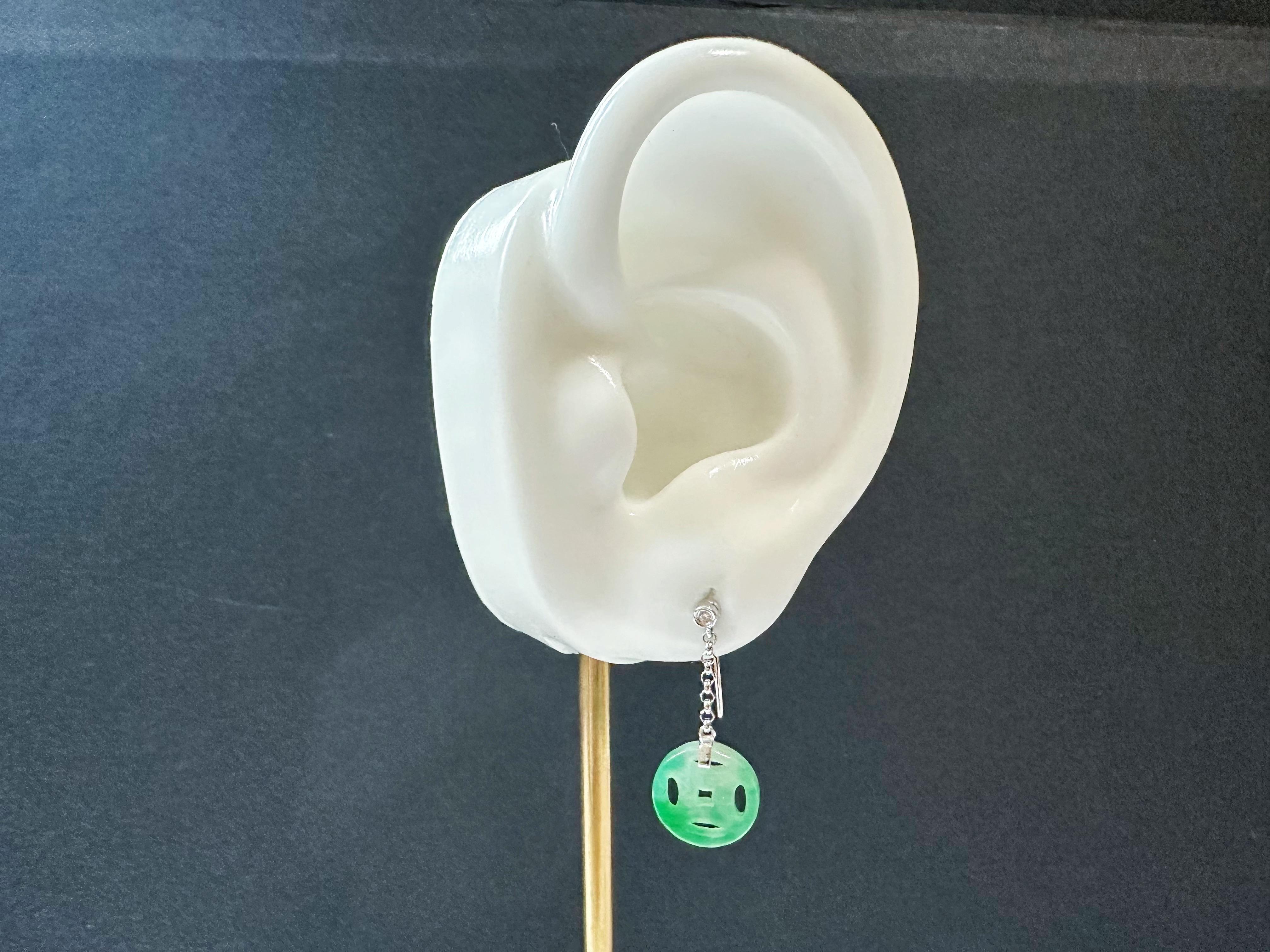 Natural Myanmar Moss on Snow Green Jade Dangling Earrings in 18K Gold & Diamond For Sale 13