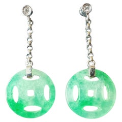 Natural Myanmar Moss on Snow Green Jade Dangling Earrings in 18K Gold & Diamond