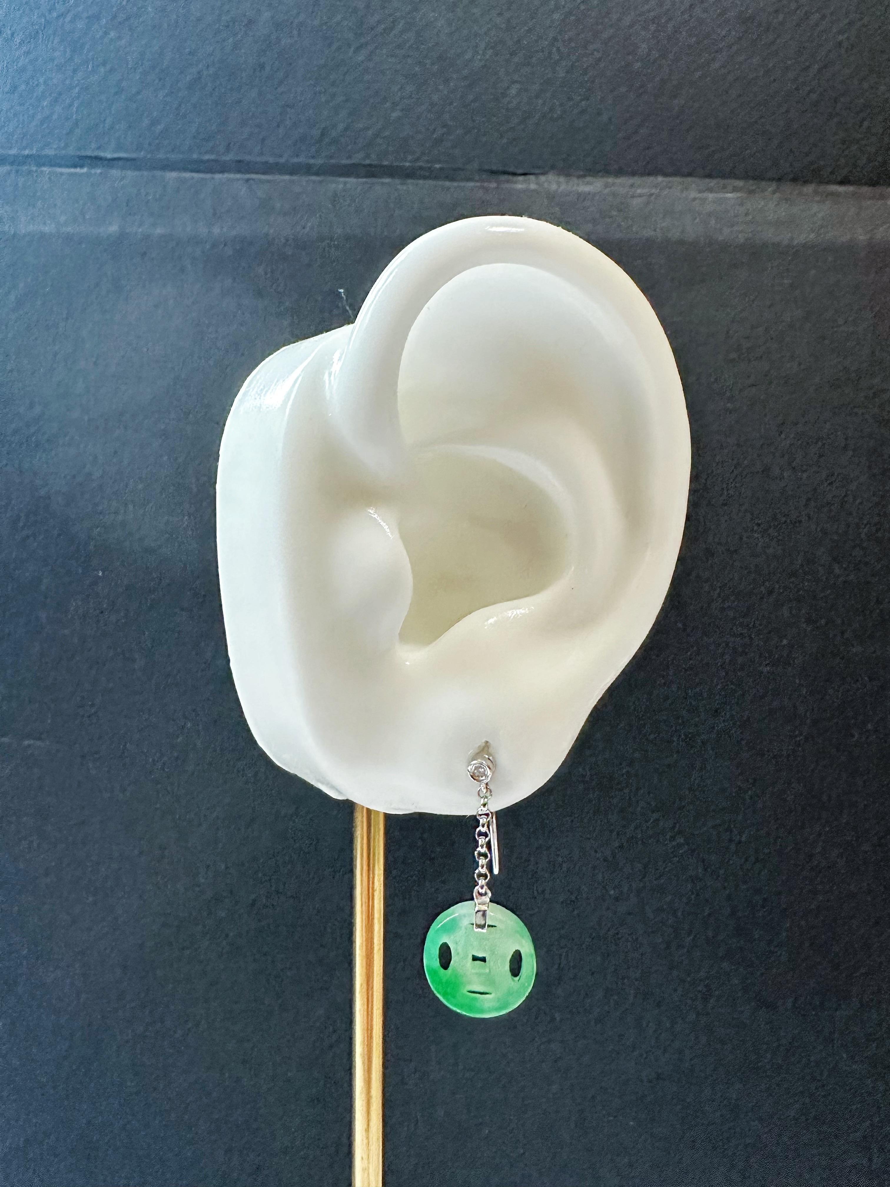 Natural Myanmar Moss on Snow Green Jade Dangling Earrings in 18K Gold & Diamond For Sale 14